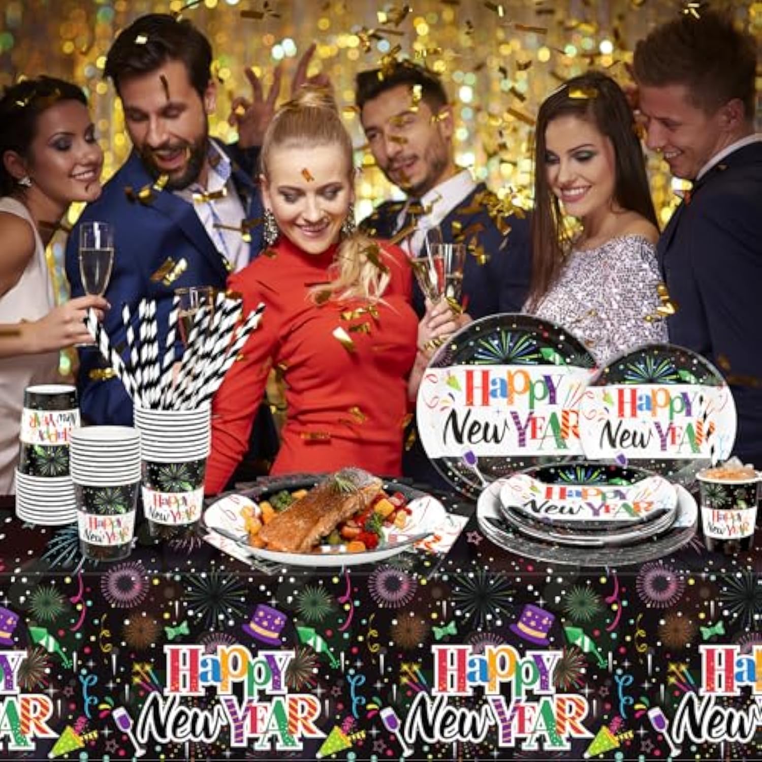 Happy New Year'S Eve Party Supplies Dinnerware Set, Happy New Year Colorful Tablecloth Plates Cups Napkins For 20 Guests,New Year Dinnerware Set For 2026 New Year'S Eve Party Favors,101 Pieces