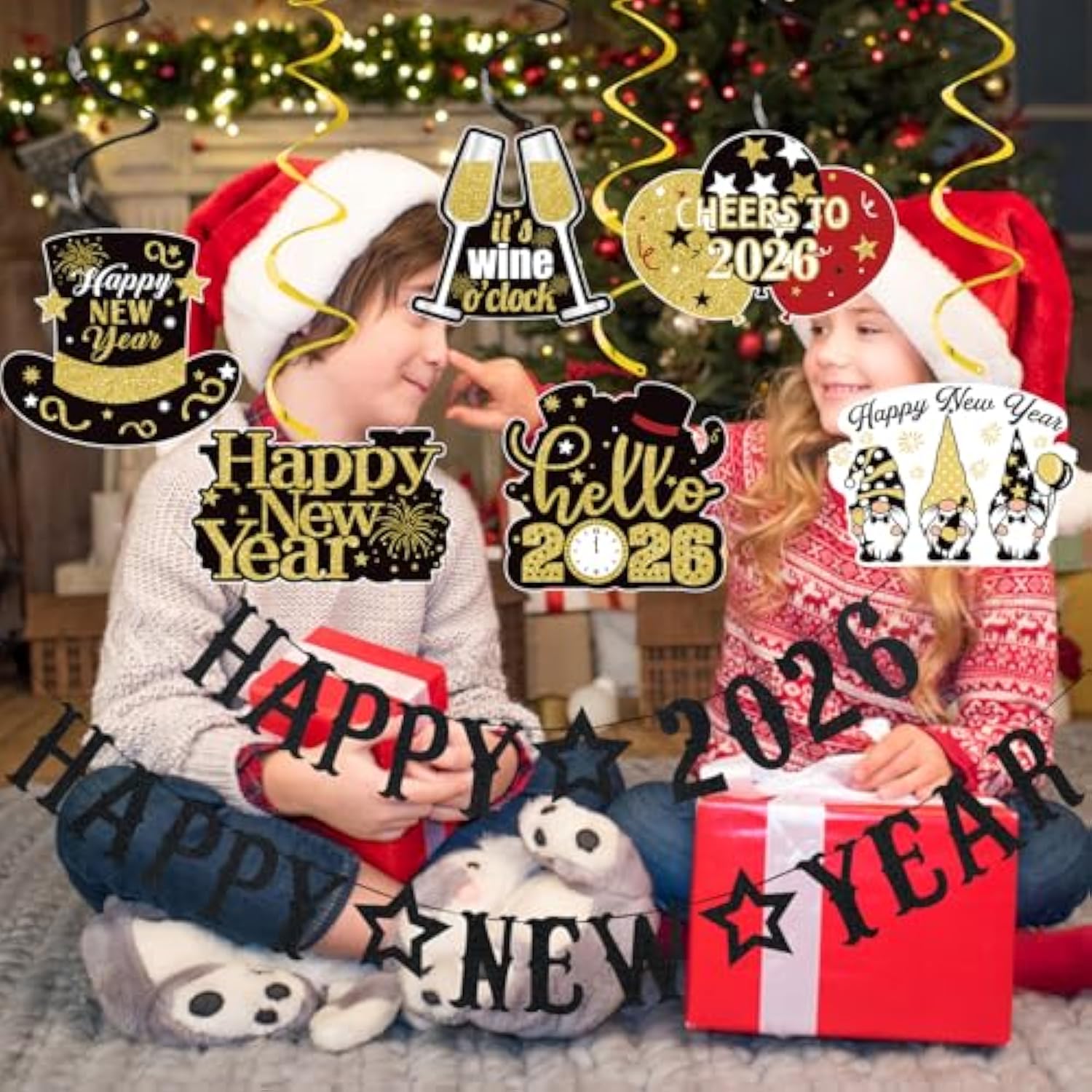 Black Glitter Happy 2026 New Year Banner Party Supplies for NYE