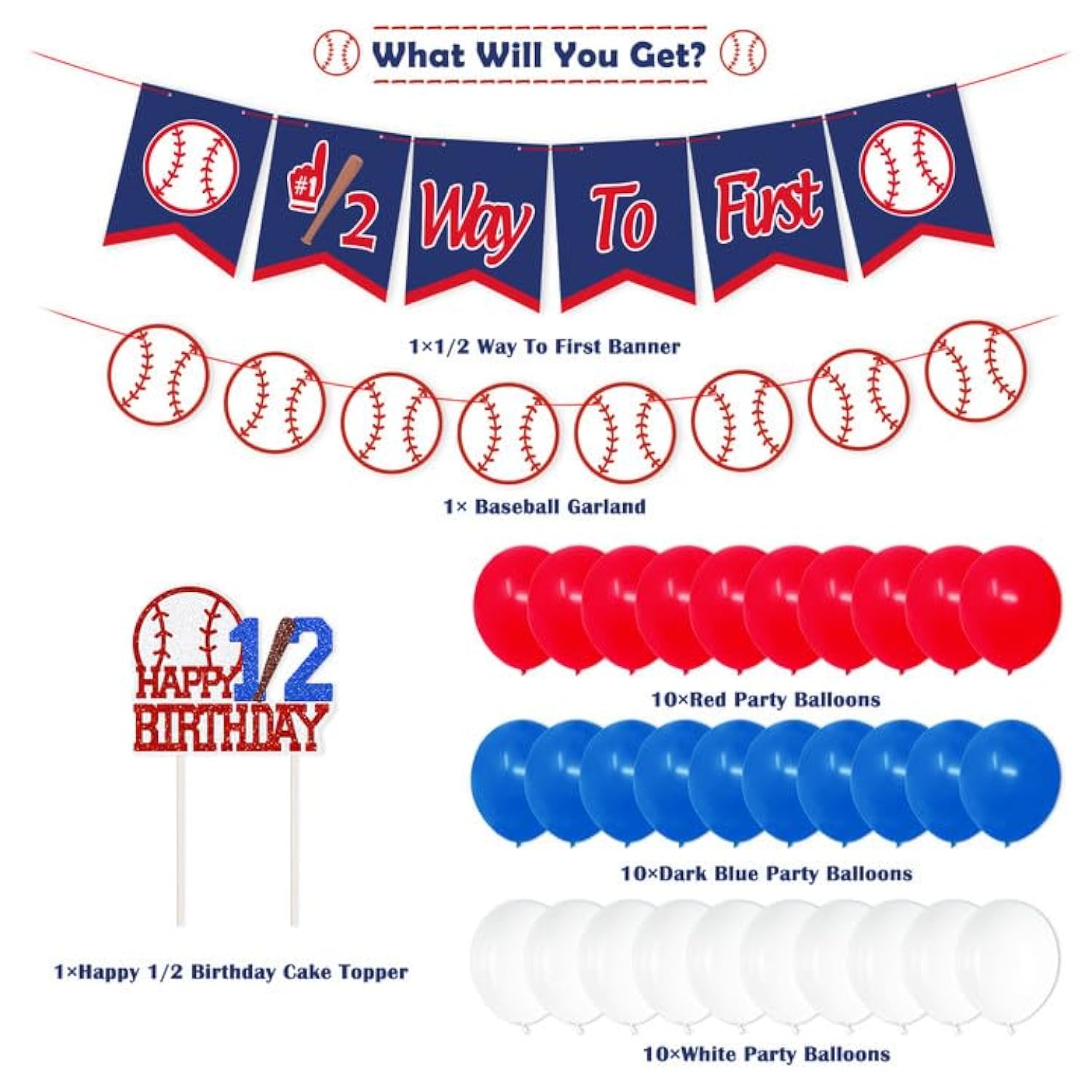 Baseball Half Birthday Party Decorations Kit Half Way To First Banner Happy 1/2 Birthday Cake Topper Balloons For Sports Theme 6 Months Baby Milestone Photo Props Baby Shower Supplies