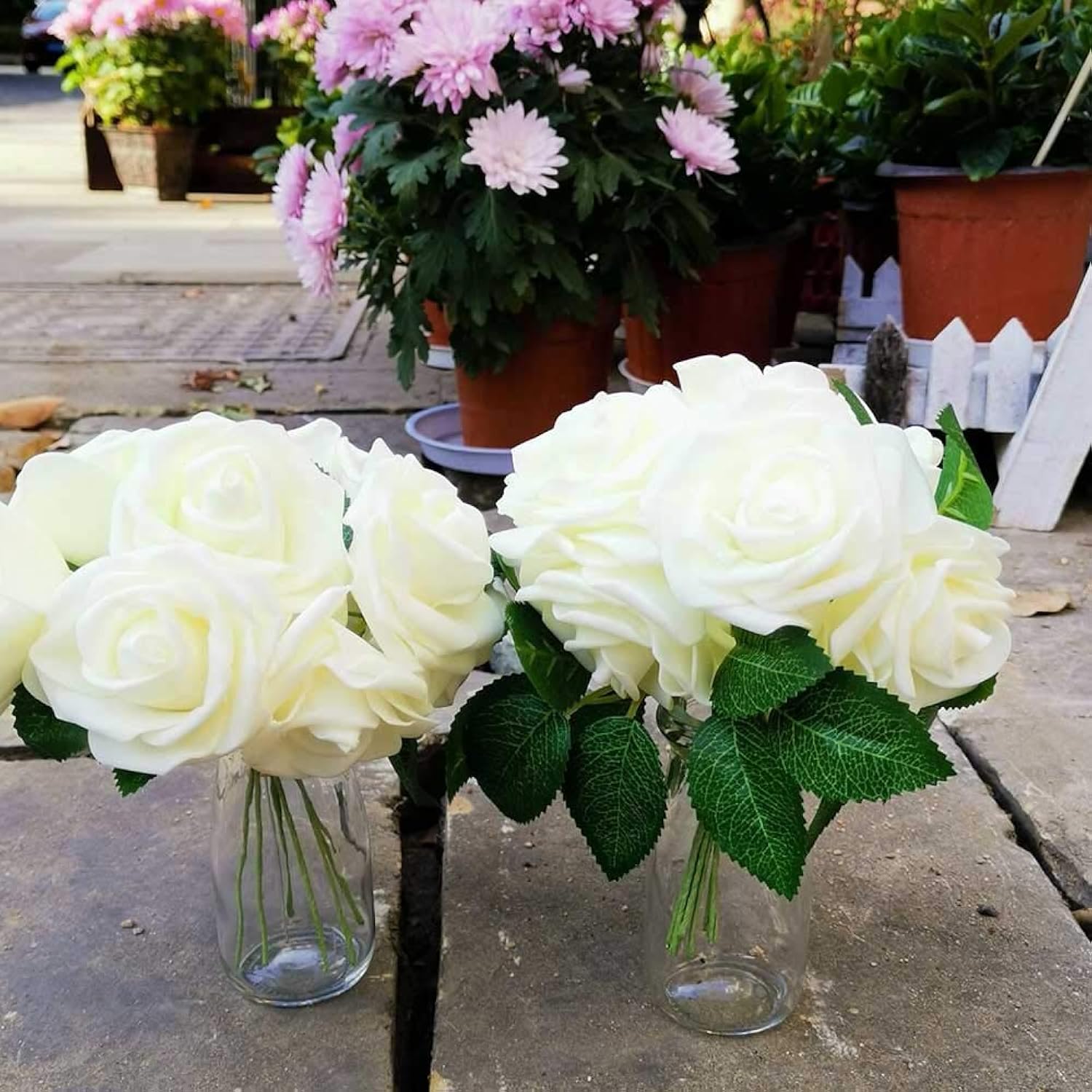 Awtlife 50 Pcs Artificial Flower Rose And 15 Artificial Leaf For Diy Bouquets Wedding Party Baby Shower Home Decor