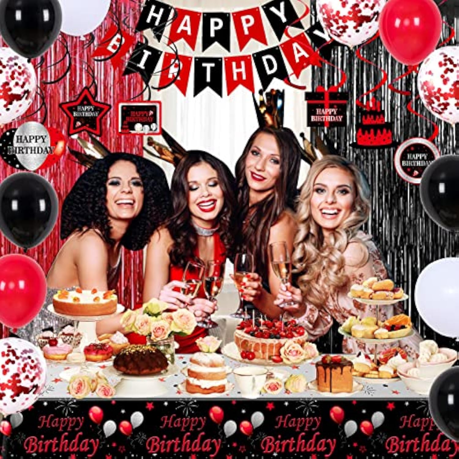 Red And Black Party Decorations For Men Women, Happy Birthday Decorations For Boys Girls, Red Bday Party Supplies Birthday Tablecloth Balloons Foil Fringe Curtains Hanging Swirls Decor