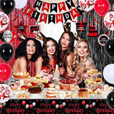 Red And Black Party Decorations For Men Women, Happy Birthday Decorations For Boys Girls, Red Bday Party Supplies Birthday Tablecloth Balloons Foil Fringe Curtains Hanging Swirls Decor