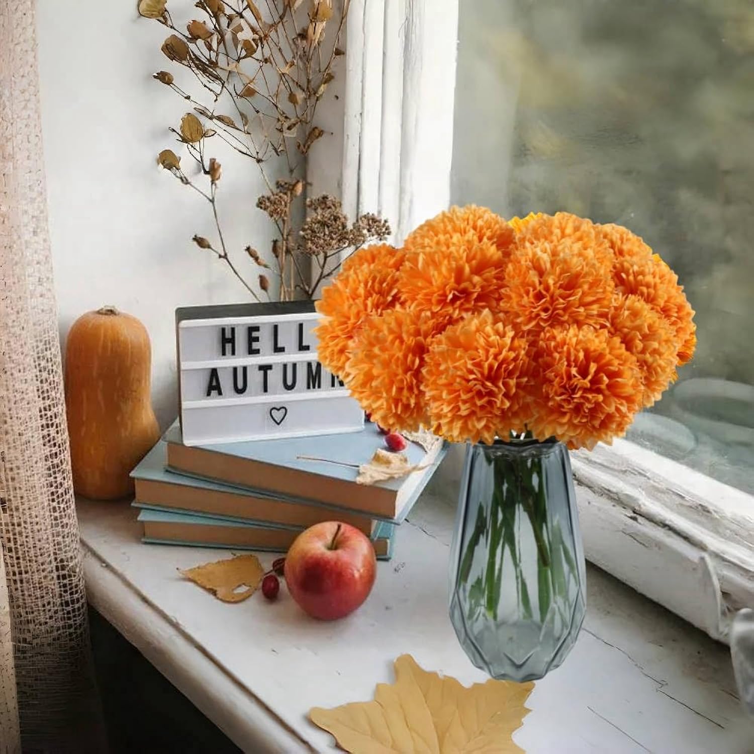 Artificial Flowers Silk Faux Ball Chrysanthemum, 12Pcs Fall Flowers Artificial Orange Flowers Faux Mums Bouquet For Autumn Home Decor, Fall Floral Arrangements, Thanksgiving Centerpiece (12, Orange)