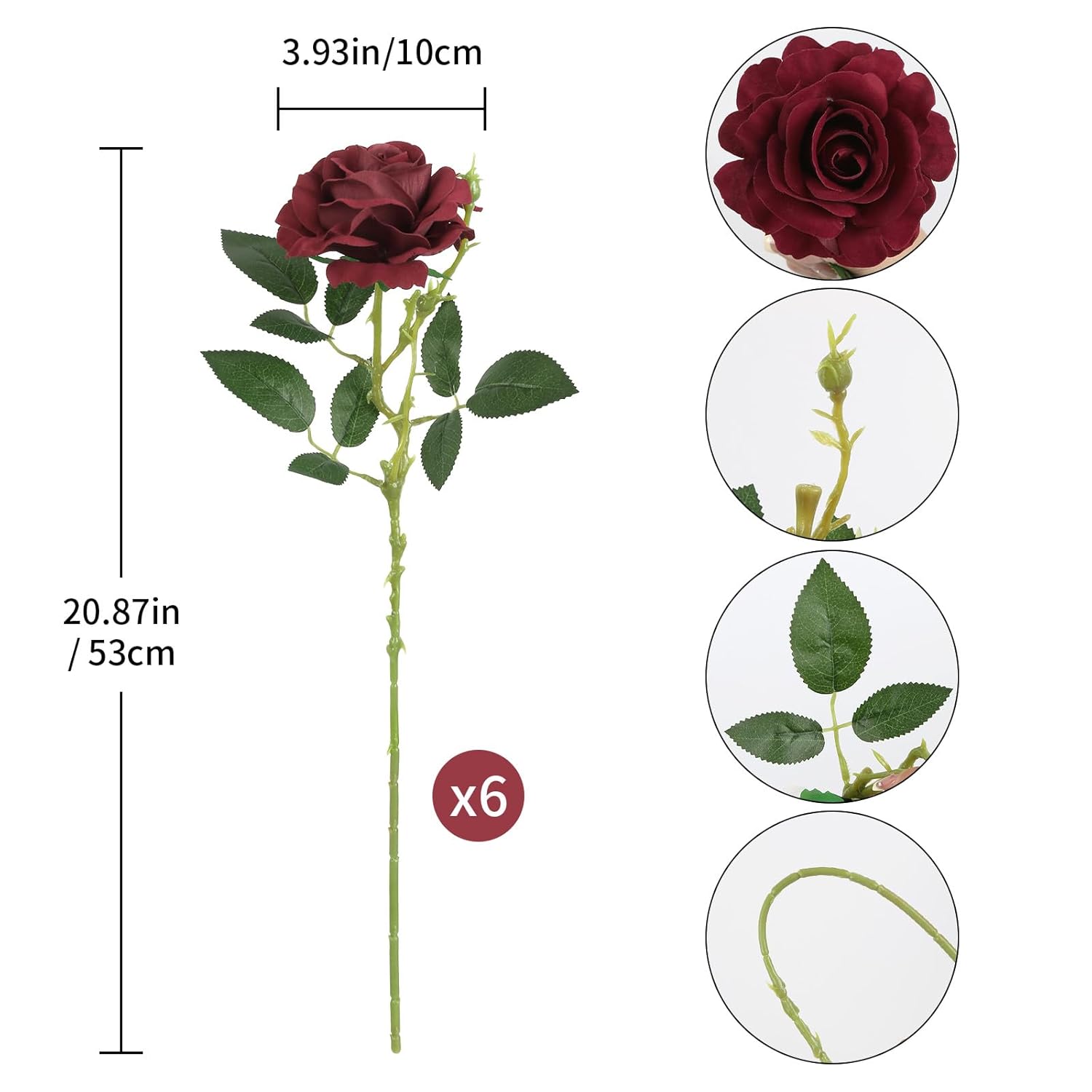 6Pcs Dark Red Roses Artificial Flowers Real Touch Velvet Roses Realistic Faux Roses With Stems For Wedding Bridal Bouquet Home Party Garden Outdoor Decoration(Burgundy)