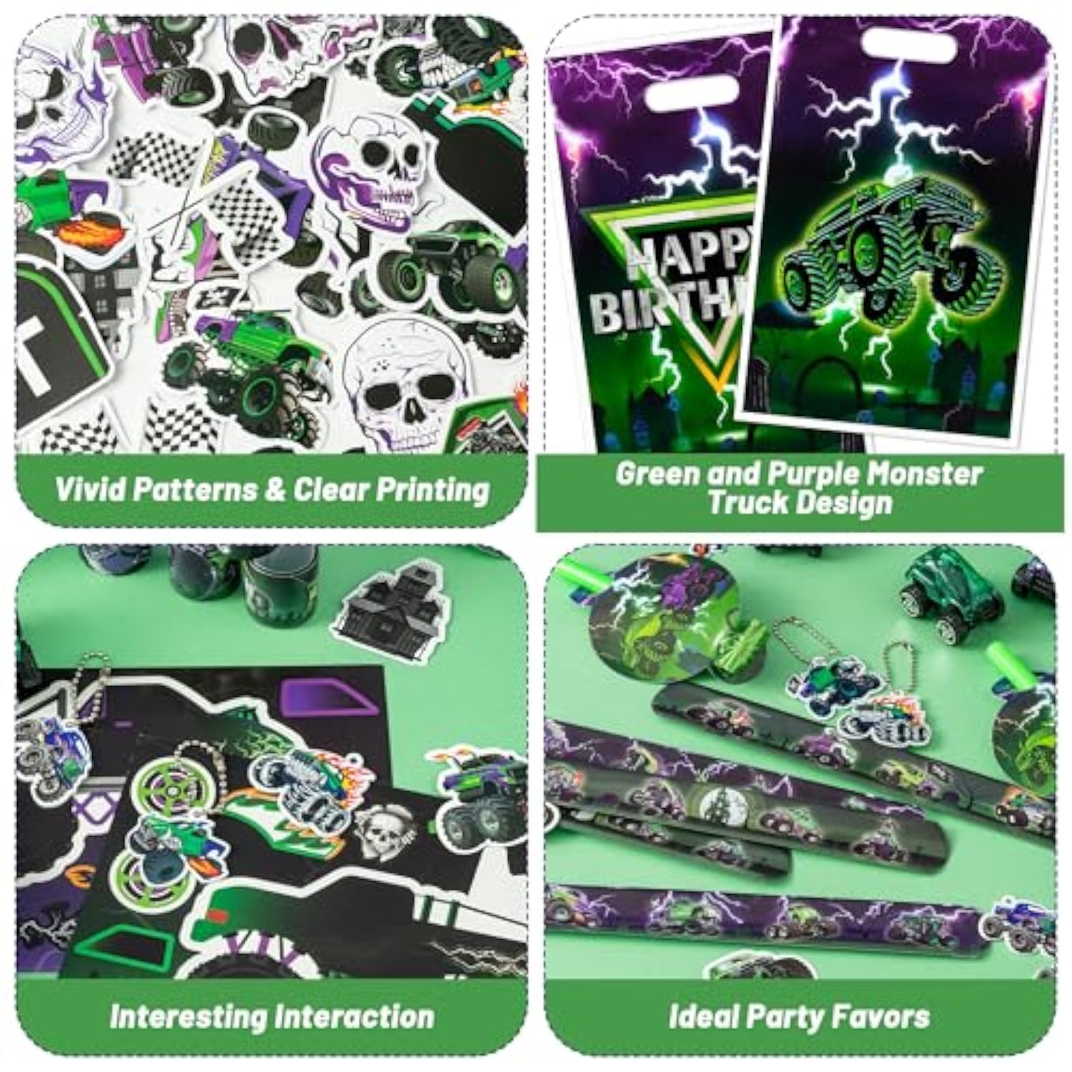 Green Purple Monster Truck Party Favor - 122Pcs Monster Truck Slap Bracelets Sticker Blowouts Noisemaker Mini Vehicles Car Toy Keychain Waith Gift Bag For Kids Birthday Party Goodie Bag Supply