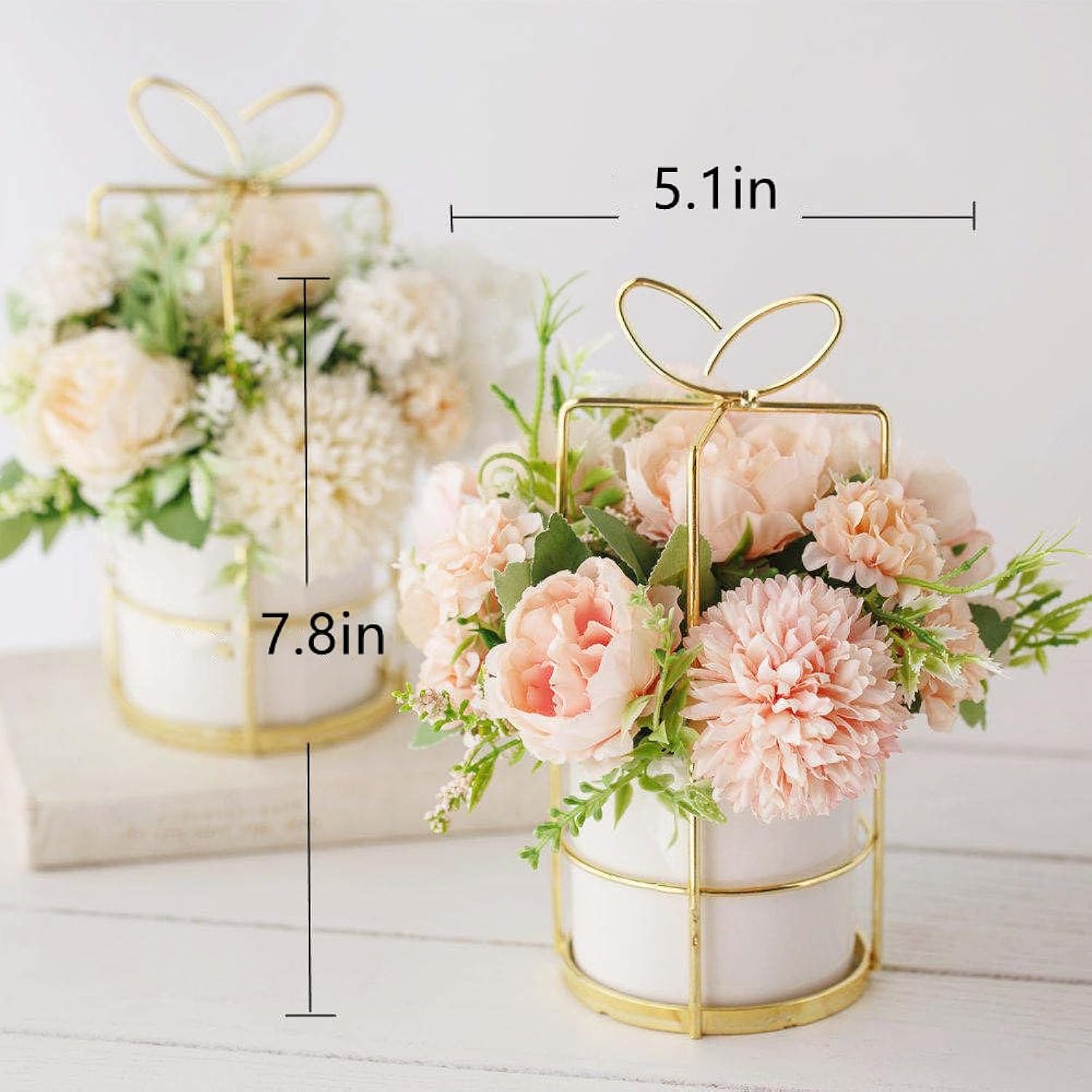 Fake Artificial Flowers In Vase Faux Peony Silk Hydrangea Flower Centerpieces Décor For Wedding Table Decoration(Pink In Gold)
