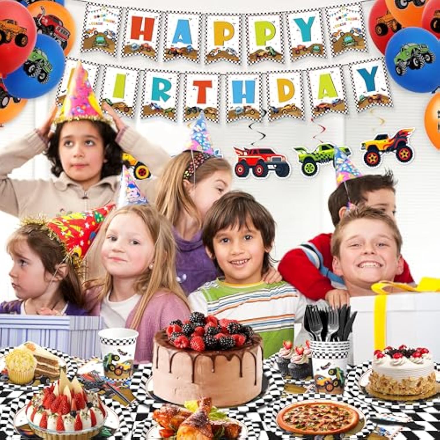 183Pcs Monster Truck Party Supplies, Monster Truck Party Supplies Include Plates And Napkins, Serves 26