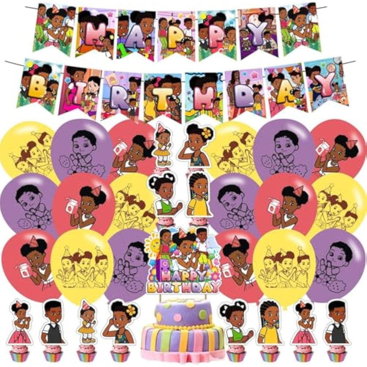 Corner Of Gracies Birthday Party Decoration - Pink, Purple, Yellow, Green Cartoon Theme - Includes Unique Cake Topper, 18 Pcs Latex Balloons, Happy Birthday Banner, 12 Cupcake Toppers