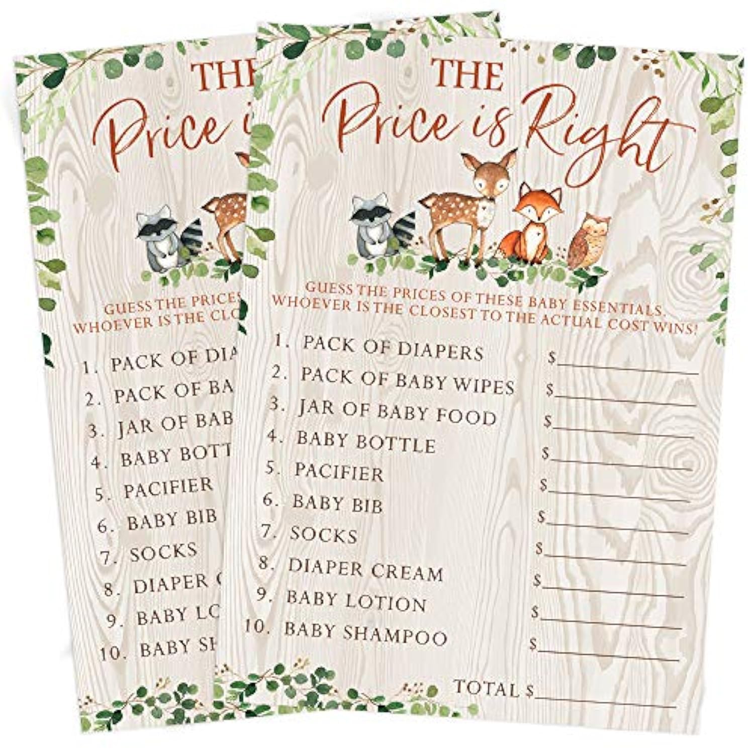 Baby Shower Games – The Price Is Right Game For Boy Or Girl, Woodland Forest Animals Theme, 50 Cards