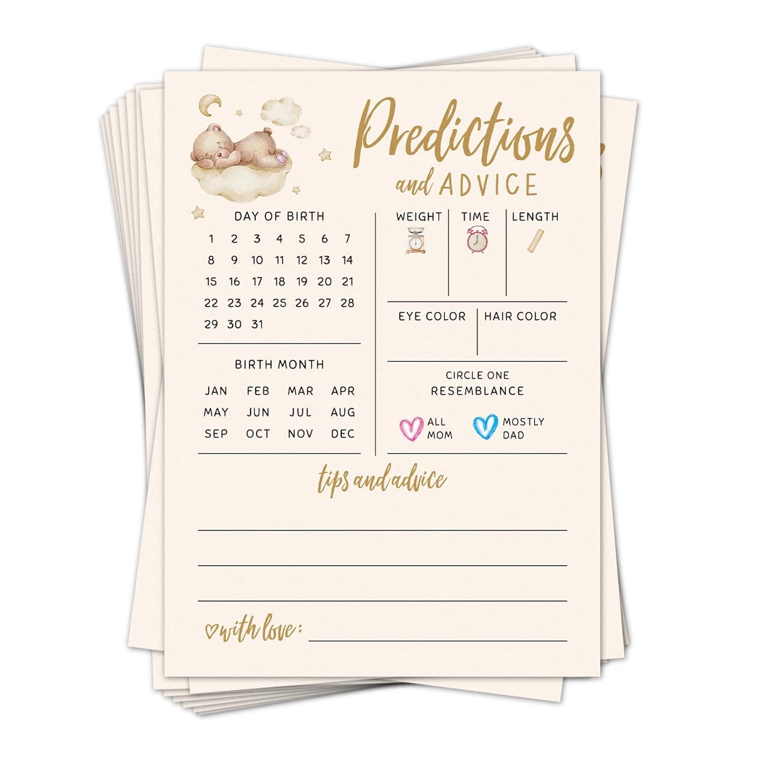 Baby Predictions For Baby Shower Advice Cards - 20 Pcs Bear Baby Shower Games For Boy Or Girl - Fun Gender Reveal Activity For New Parents