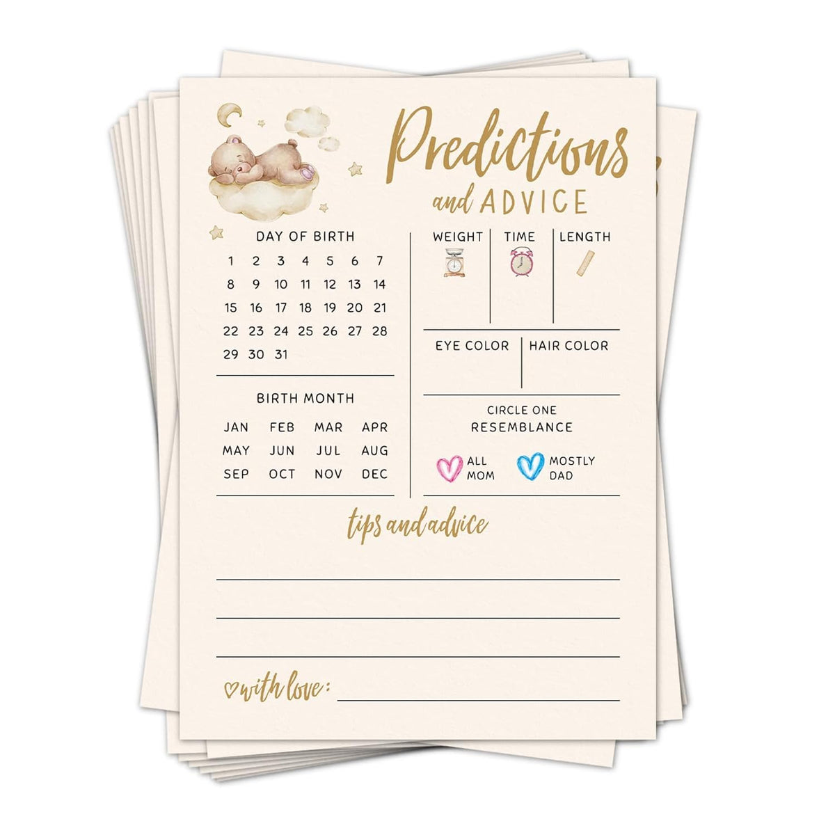 Baby Predictions For Baby Shower Advice Cards - 20 Pcs Bear Baby Shower Games For Boy Or Girl - Fun Gender Reveal Activity For New Parents