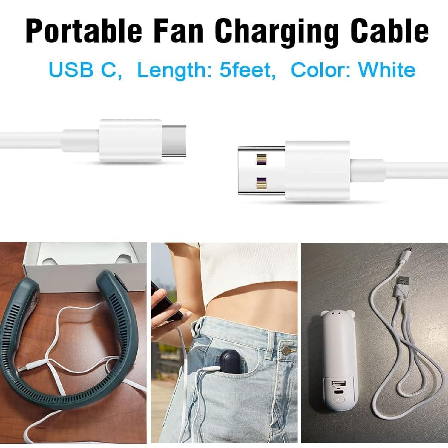 Usb C Fan Charger Cable For Jisulife Handheld Mini Fa-N, Aluan, Wihoo, Kidee, Zeefo,Frsara,Civpower Neck Fa-N, Homelifairy, Sweetfull Replacement Personal Portable Fan Type-C Charging Power Cord (5Ft)
