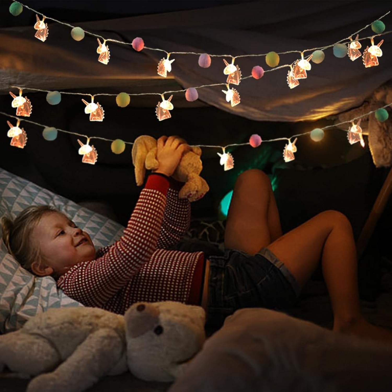 9.85Ft Unicorn String Lights Cute Pom Poms Fairy Led String Lights Battery Operated With Timer Decor Lights For Kids Bed