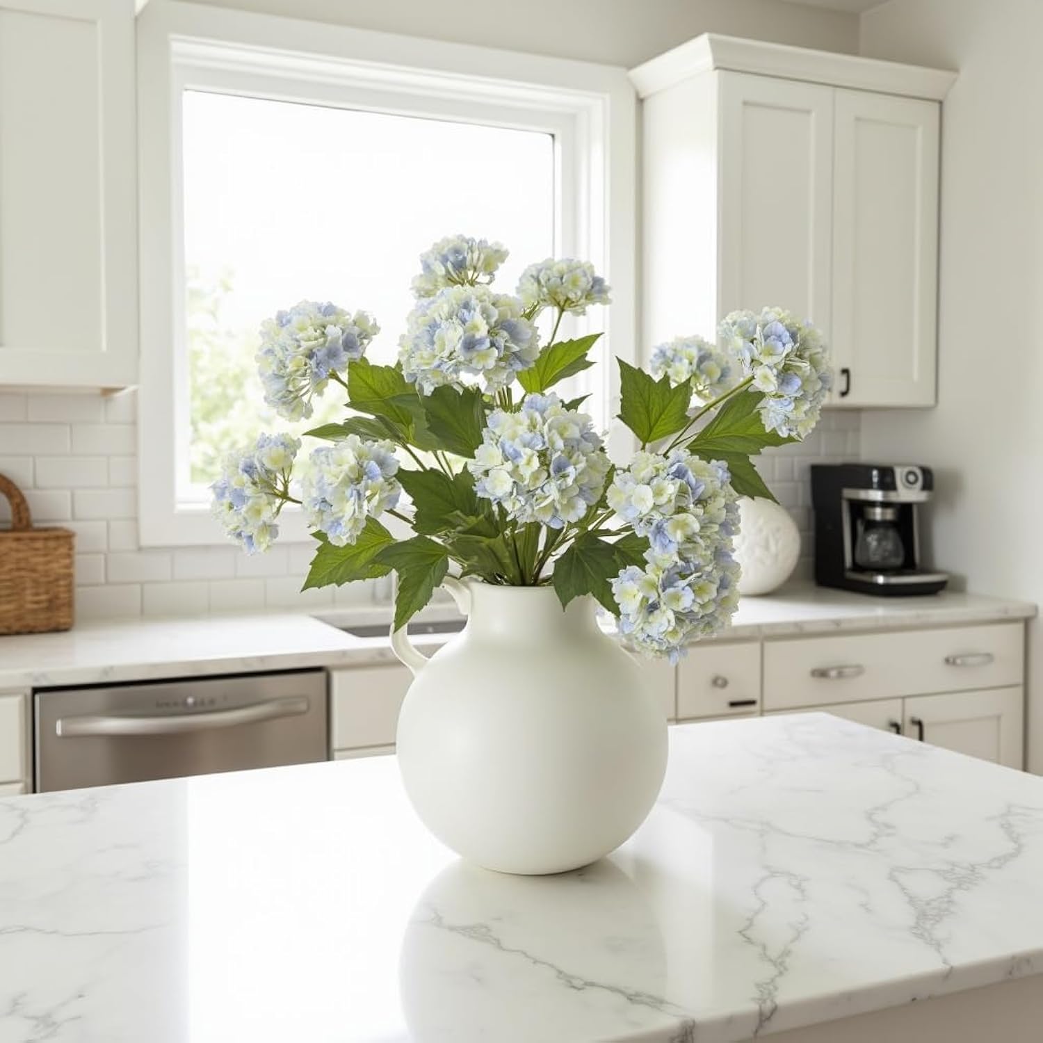 27 Inch Artificial Hydrangea Flowers, 4 Stems With 3-Head Blooms, White To Blue Gradient – Real Touch, Maintenance-Free For Wedding Centerpieces, Home & Office Decor
