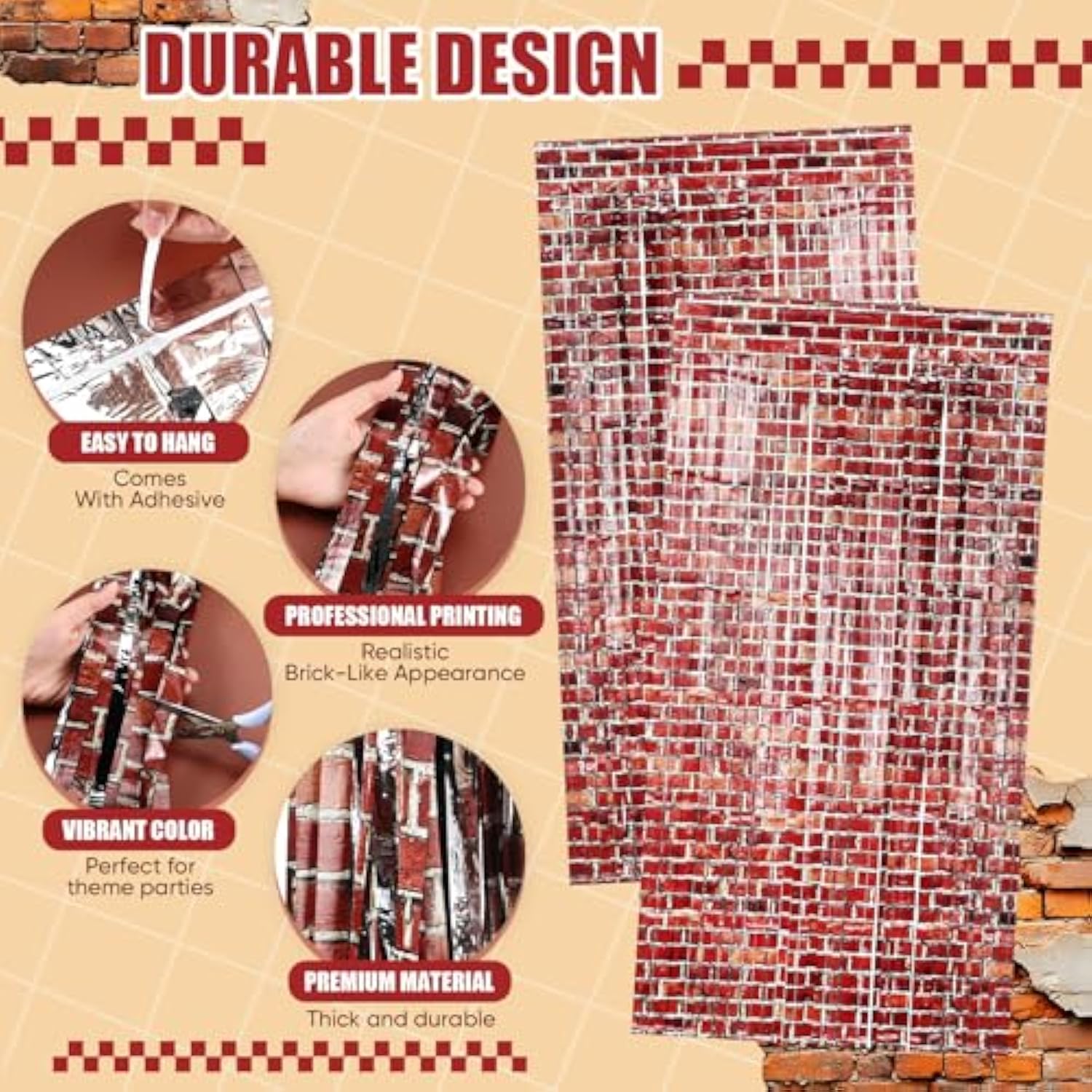 3Pc Brick Wall Tinsel Foil Fringe Curtains 6.6x3.3Ft Magical Party Backdrop