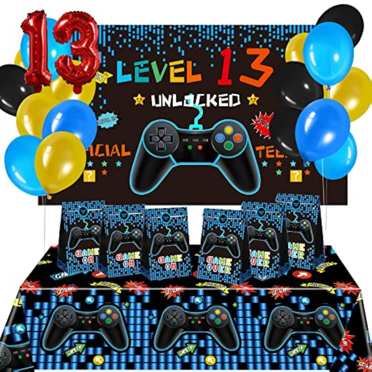 69pcs 13th Video Game Birthday Party Decorations Blue Gamer Backdrop Balloons