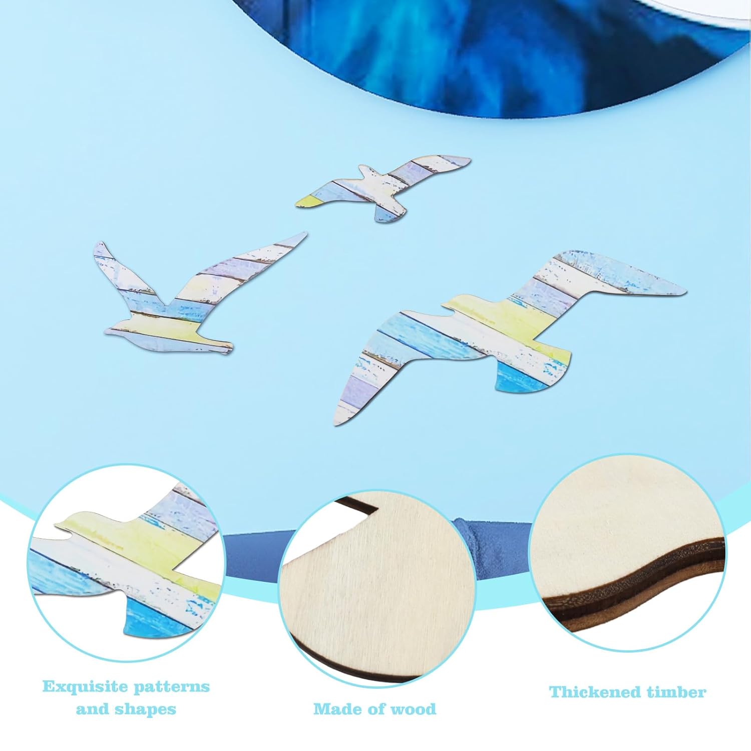 6Pcs Wooden Seagull Wall Decor Self-Adhesive, Nautical Coastal Beach Themed Wall Art, Removable Decals For Home Bathroom Bedroom Living Room Indoor Decor