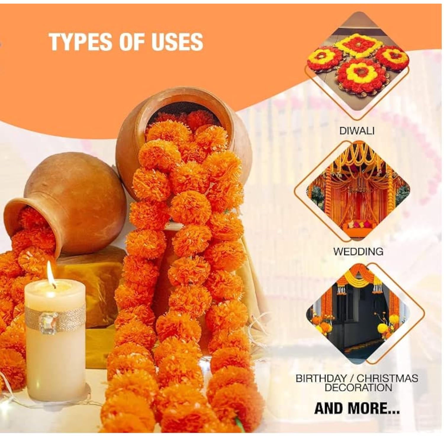 Artificial Marigold Flowers For Decoration Long Marigold Garlands For Toran Indian Genda Phool For Wedding & Festivals With Freebie (Lemon-Mari$)