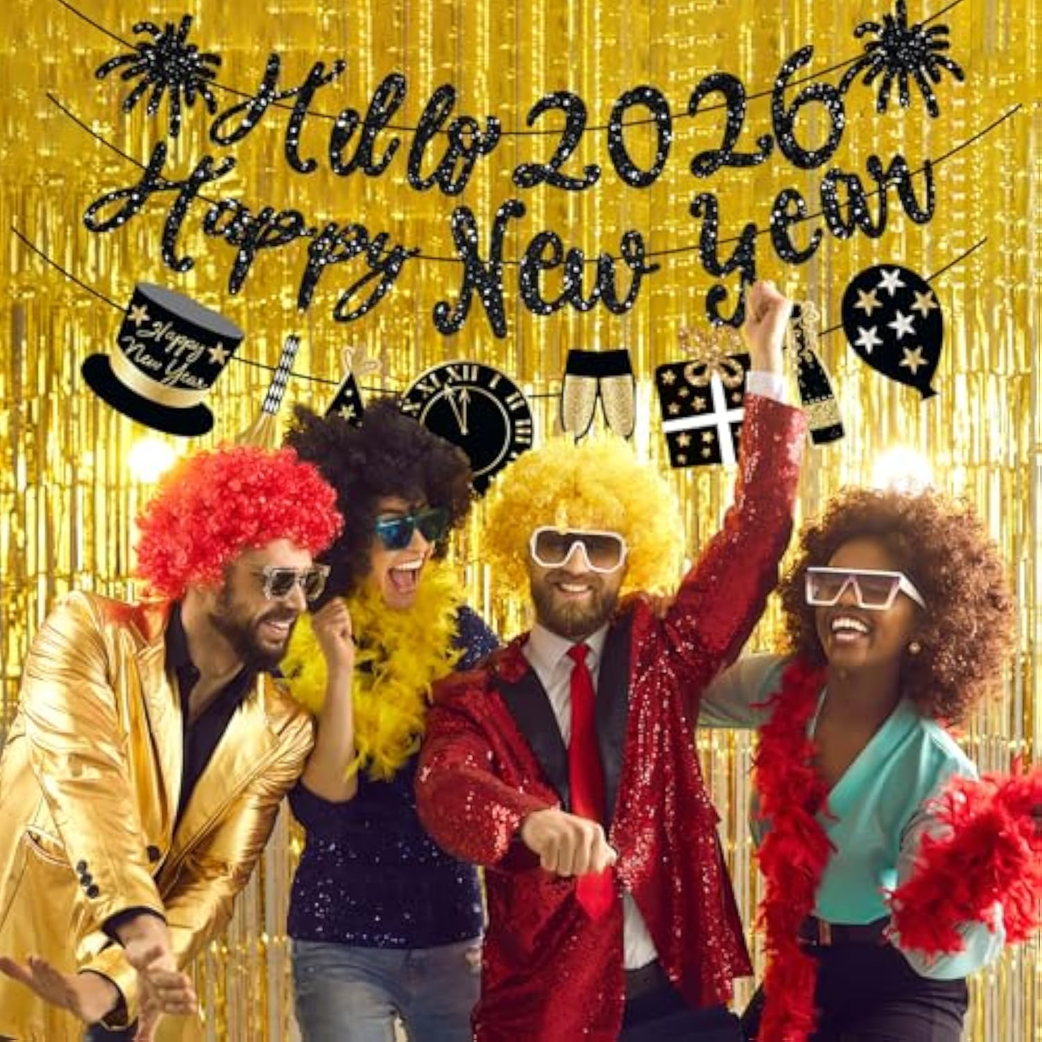 Black Glitter Happy New Year 2026 Banner Pre-Strung for NYE Party