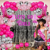 Cowgirl Balloons Arch Garland Kit For Last Rodeo Bachelorette Sash Supply Birthday Party Decorations,Hot Pink Rose Red Silver Cow Print Cowgirl Boot Disco Ball Balloon,Let’S Go Girl Banner Backdrop