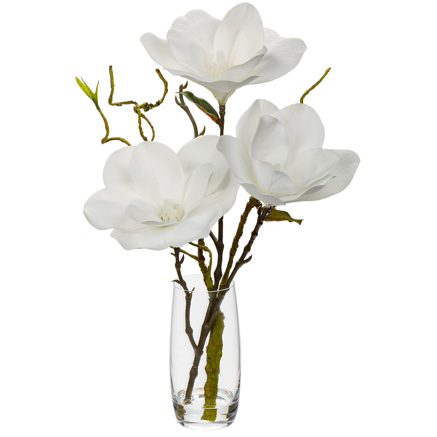 Faux Flowers In Vase 15.4" Magnolias Flowers Arrangement With Faux Water Real Touch Flowers For Wedding Table Centerpiece Home Decor, White