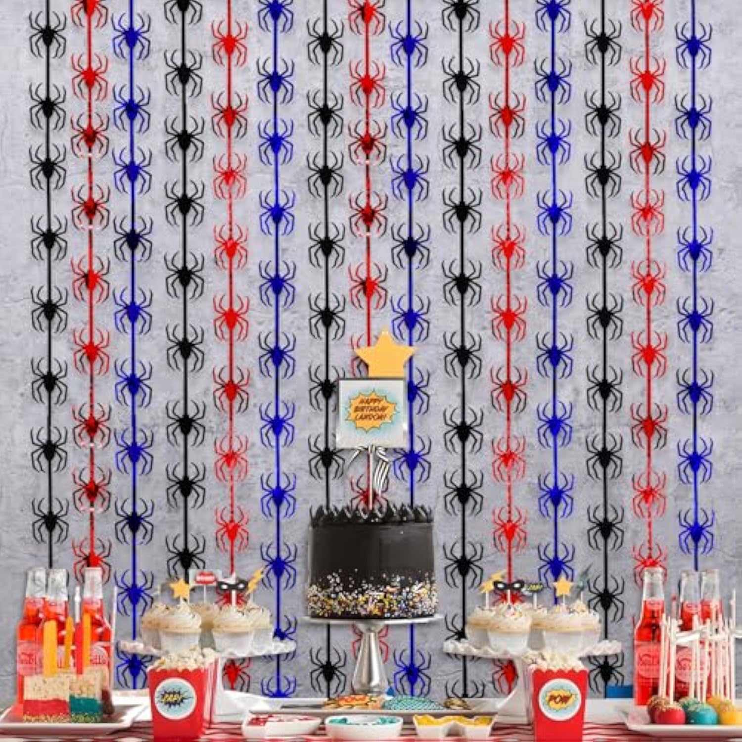 Spider Web Birthday Decorations,2 Pack Red Black And Blue Spider Birthday Party Supplies 3.3 X 6.6Ft Tinsel Foil Fringe Curtains Photo Booth Props Backdrop Streamers, House Room Decor For Boys