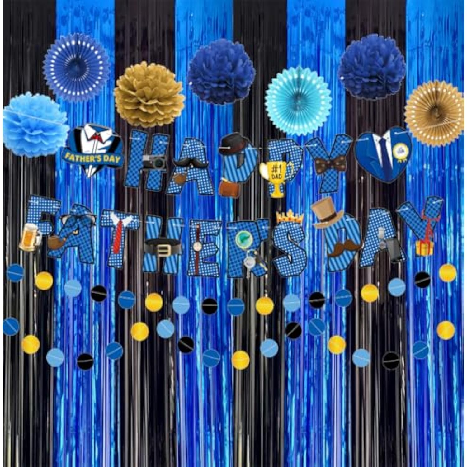 2 Pack 3.3x6.6ft Black & Blue Metallic Tinsel Backdrop Curtains for Parties & Events