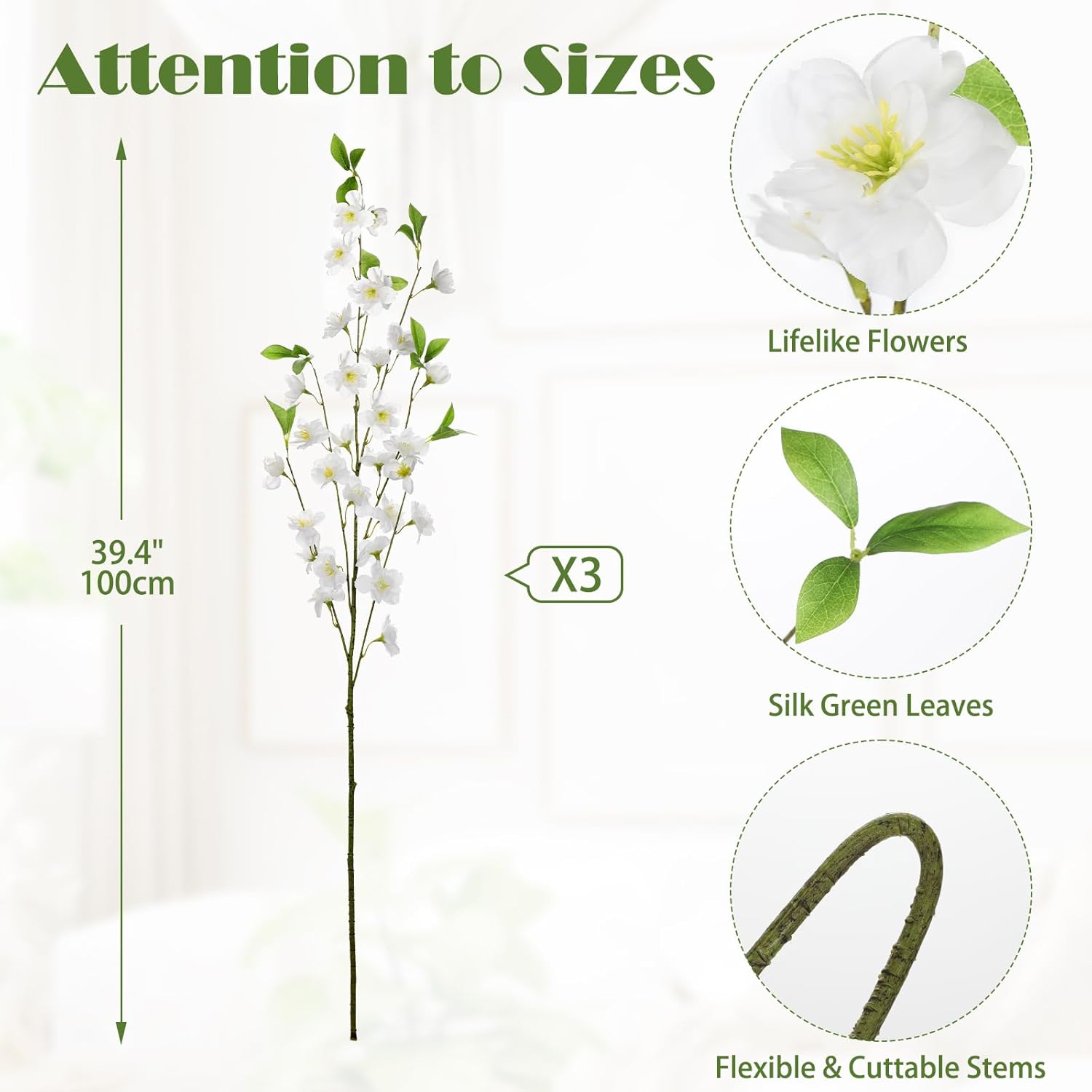 3 Pcs White Cherry Blossom Branches 39.4" Silk Flowers With Stems Long Stem Artificial Flowers For Spring Summer Indoor Decoration Faux Flower For Vase Arrangements Table Centerpiece Wedding Decor