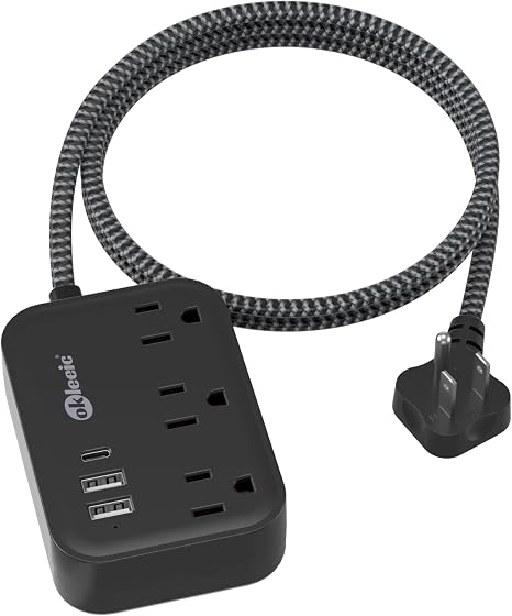 Flat Plug Power Strip USB C 5Ft Cord Cruise Ship Approved No Surge
