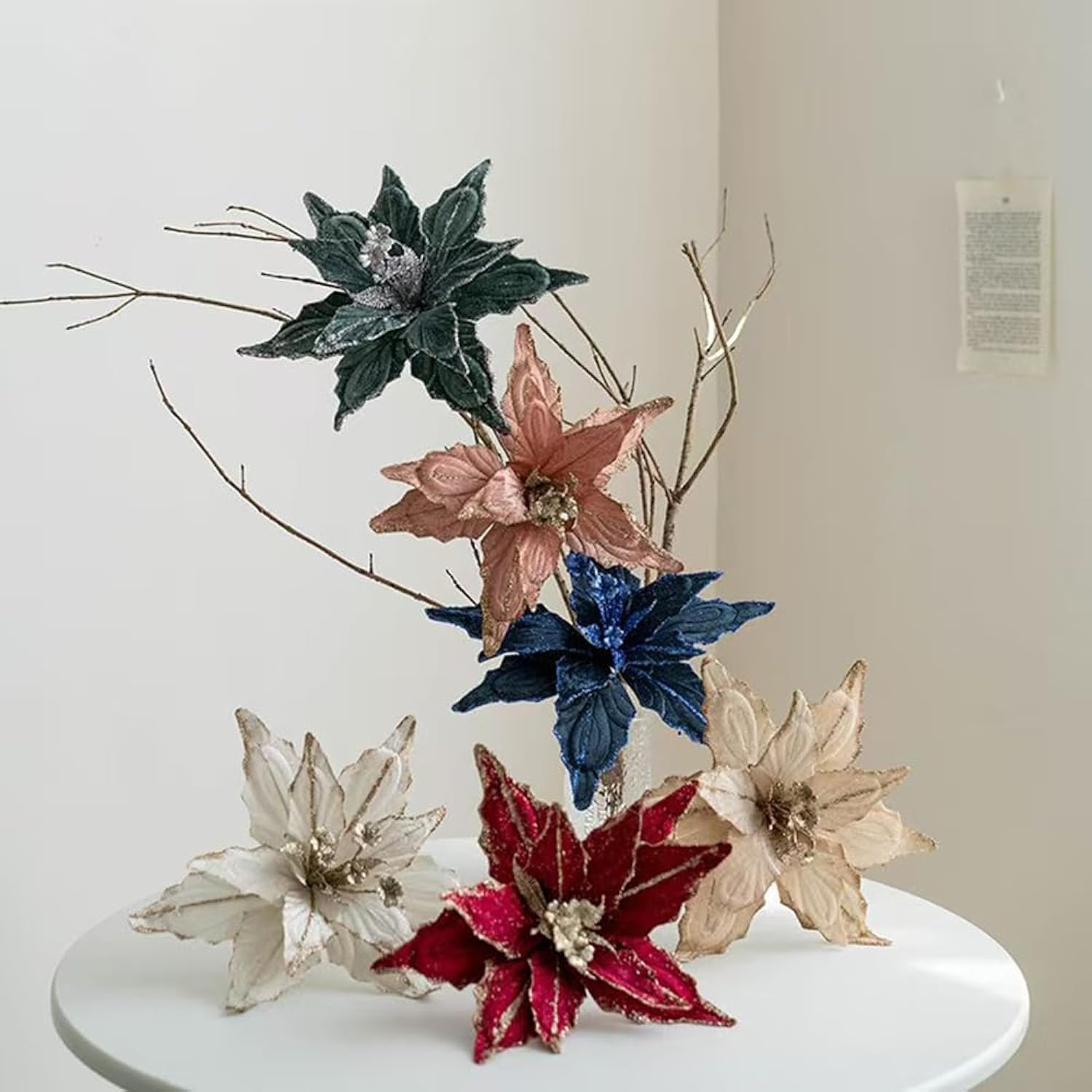 11.8’’ Large Glitter Christmas Flower 6 Pcs Artificial Velvet Poinsettia Flowers Ornaments Glitter Christmas Tree Flowers Big Xmas Tree Wreath New Year Decorations (Dark Green 11.8'')