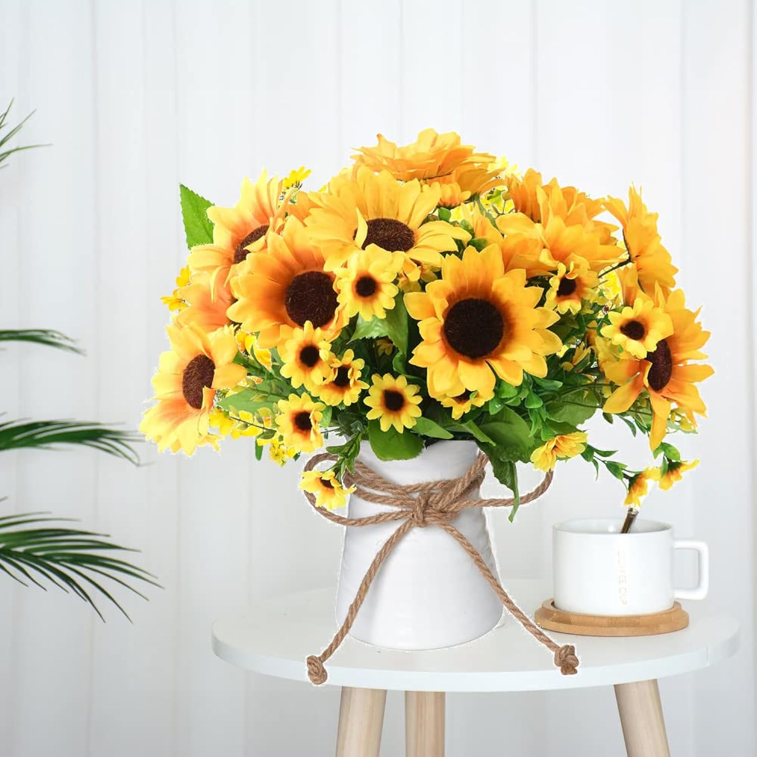 Artificial Flowers In Vase, 5 Branches Fake Sunflowers Bouquet Ceramics Vase, Silk Flower Arrangements Table Centerpieces Wedding Bouquets For Office Meeting Home Décor(Yellow Sunflower)