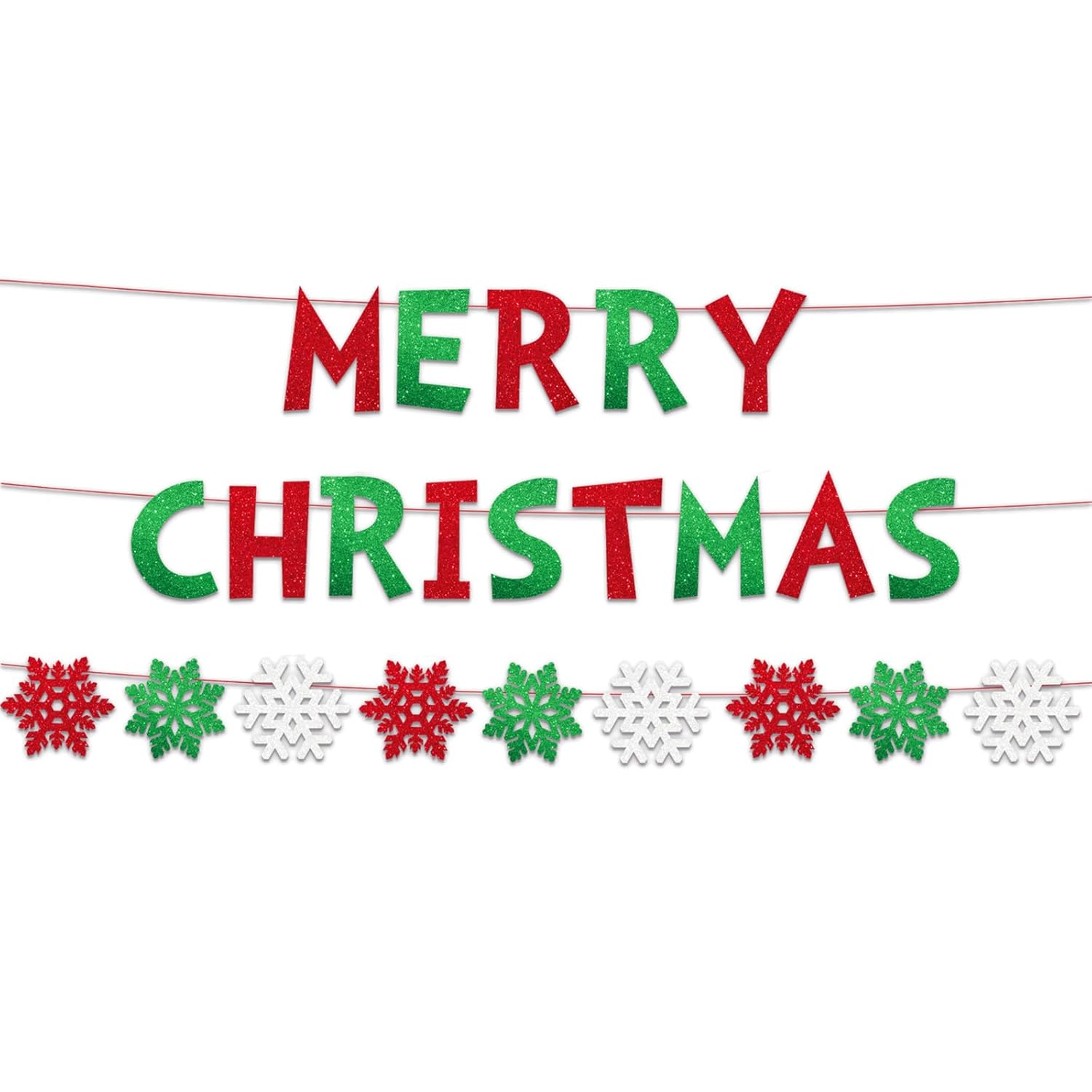 Christmas Party Decorations - Glitter Merry Christmas Banner Red & Green Christmas Bunting Garland For Indoor Home Office Fireplace Mantel Farmhouse