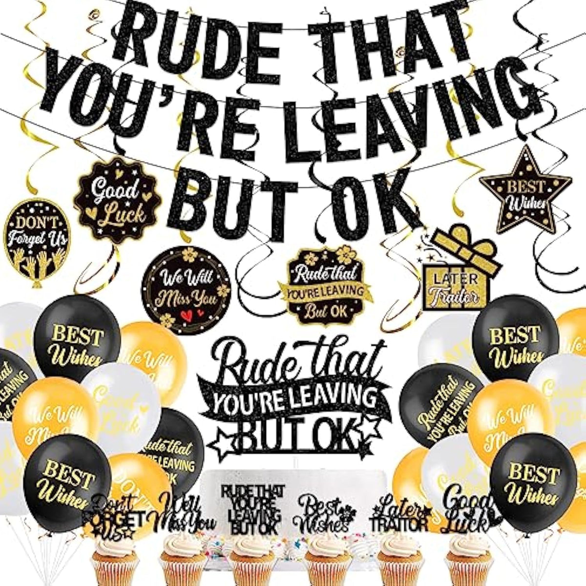 Rude That You'Re Leaving But Ok Banner Cake Toppers Balloons Hanging Swirls, Black Coworker Leaving Decorations, Rdtz Office Coworker Goodbye Party Going Away Farewell Leaving Job Party Decorations