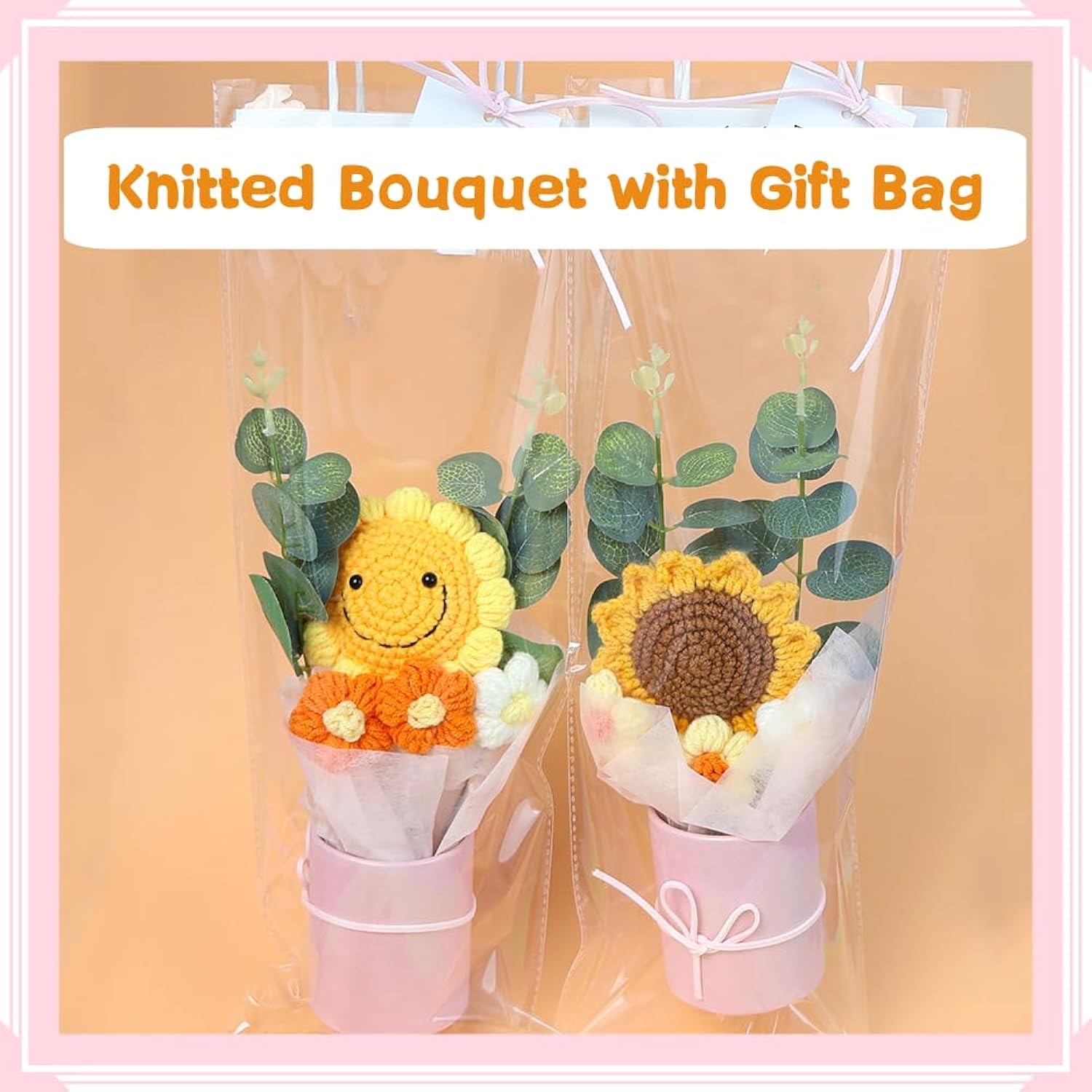 Crochet Flowers In Pot,Crochet Sunflower Bouquet With Paper Vase,Handmade Knitted Bouquet Gift For Teacher'S Day,Mother'S Day Birthday Wedding Grandma Family Coworker