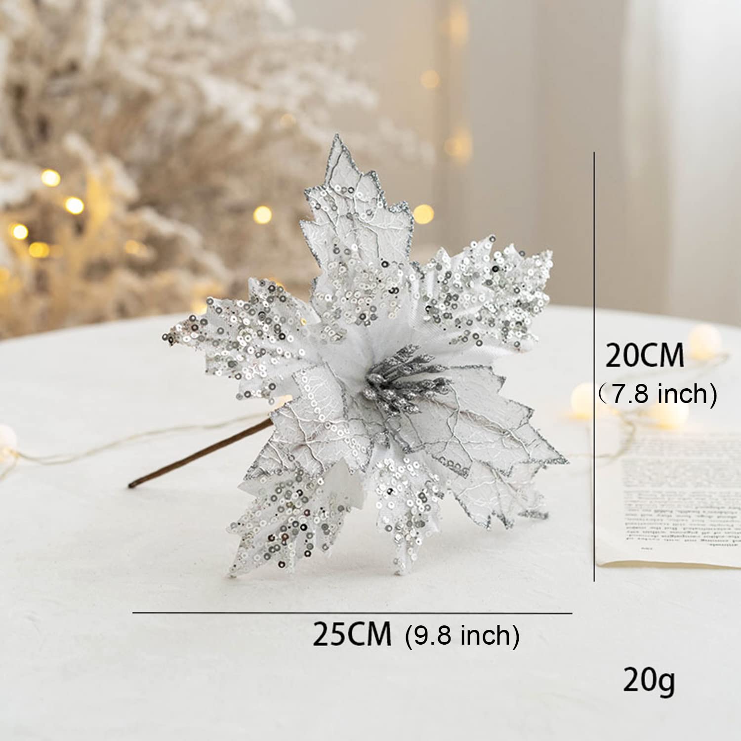 6 Pcs Christmas Poinsettia Ornaments Picks, Artificial Silk Flower For Christmas Tree Wreath Decoration, 7.8 Inch (Silver)