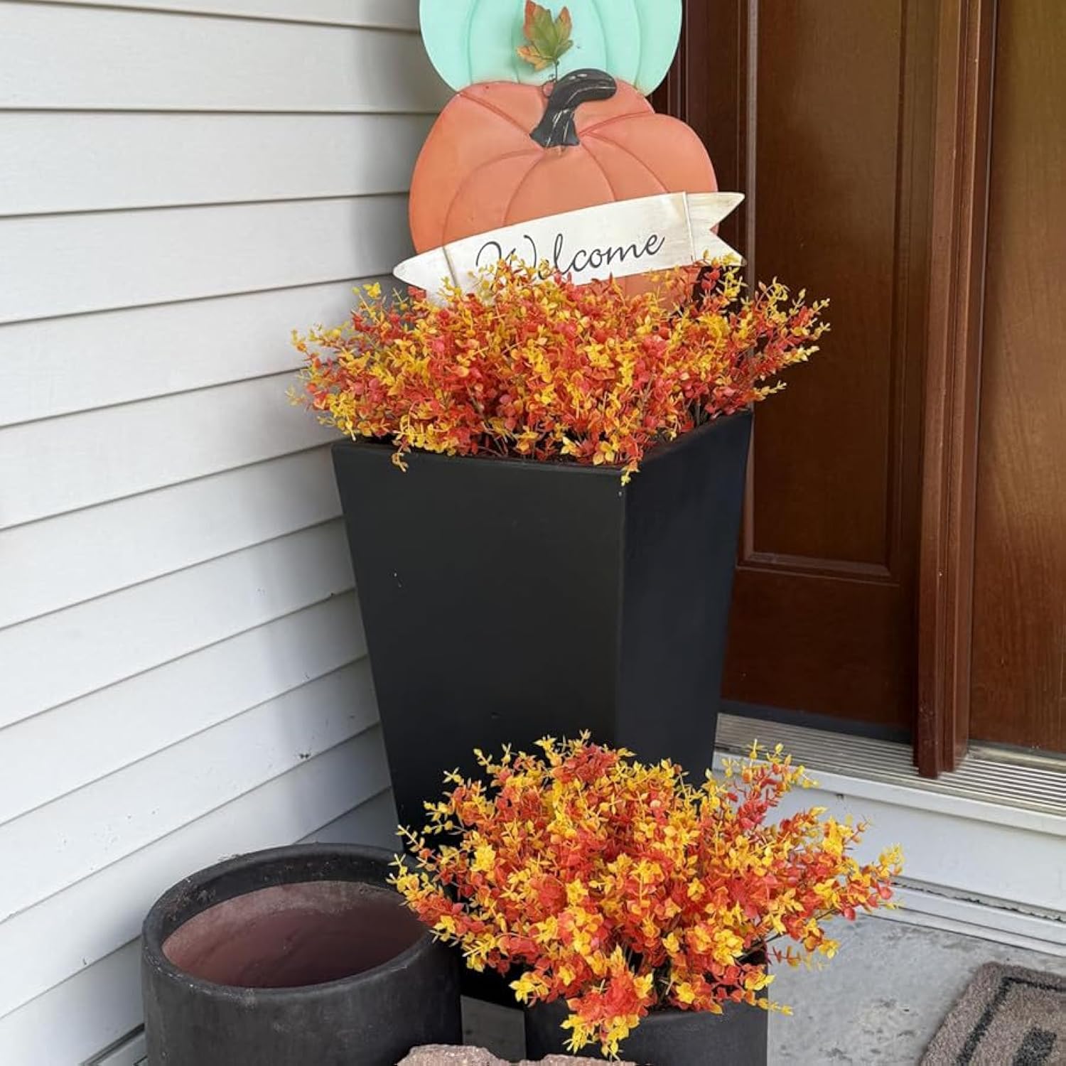 Faux Flower Daisy With Eucalyptus Leaves Fake Plants Greenery Boxwood Outdoor Indoor Garden Home Decoration Porch Patio (F-Orange)