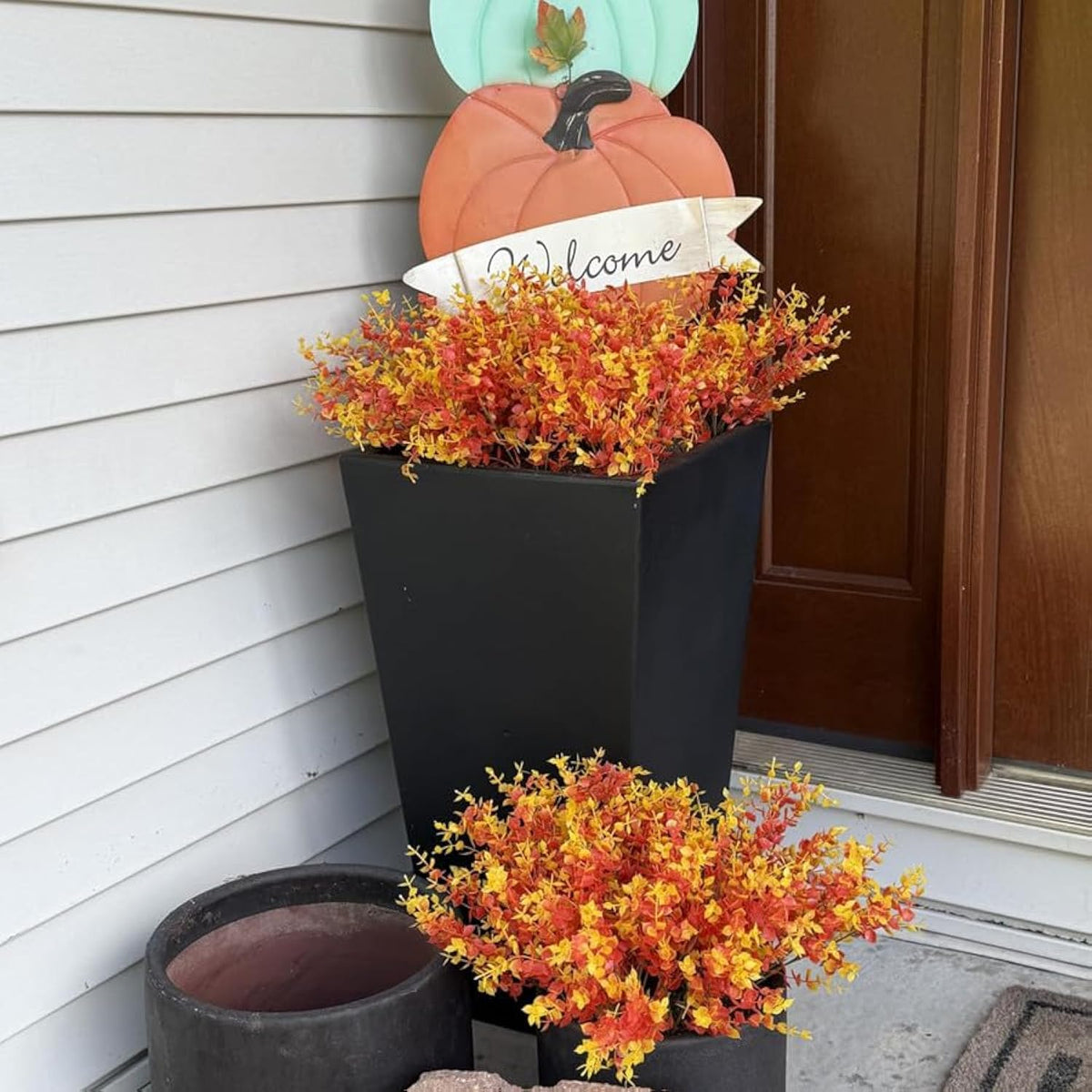 Faux Flower Daisy With Eucalyptus Leaves Fake Plants Greenery Boxwood Outdoor Indoor Garden Home Decoration Porch Patio (F-Orange)