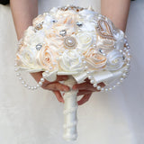 Ivory And Champagne Bridal Wedding Bouquet With Rhinestone Brooch Pearl String Cascade Bouquet For Bride Bridesmaid Quinceanera Satin Rose Flower Bouquet Wedding Champagne And Ivory 8.7In