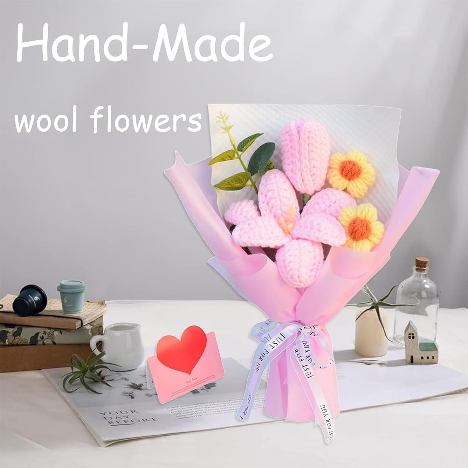 Crochet Flowers Bouquet, Knitted Llies Flower Bouquet, Artificial Flowers Completed Handmade Tulip For Home Decoration And Valentine'S Day Mother'S Day Birthday Wedding Gift (Pink)