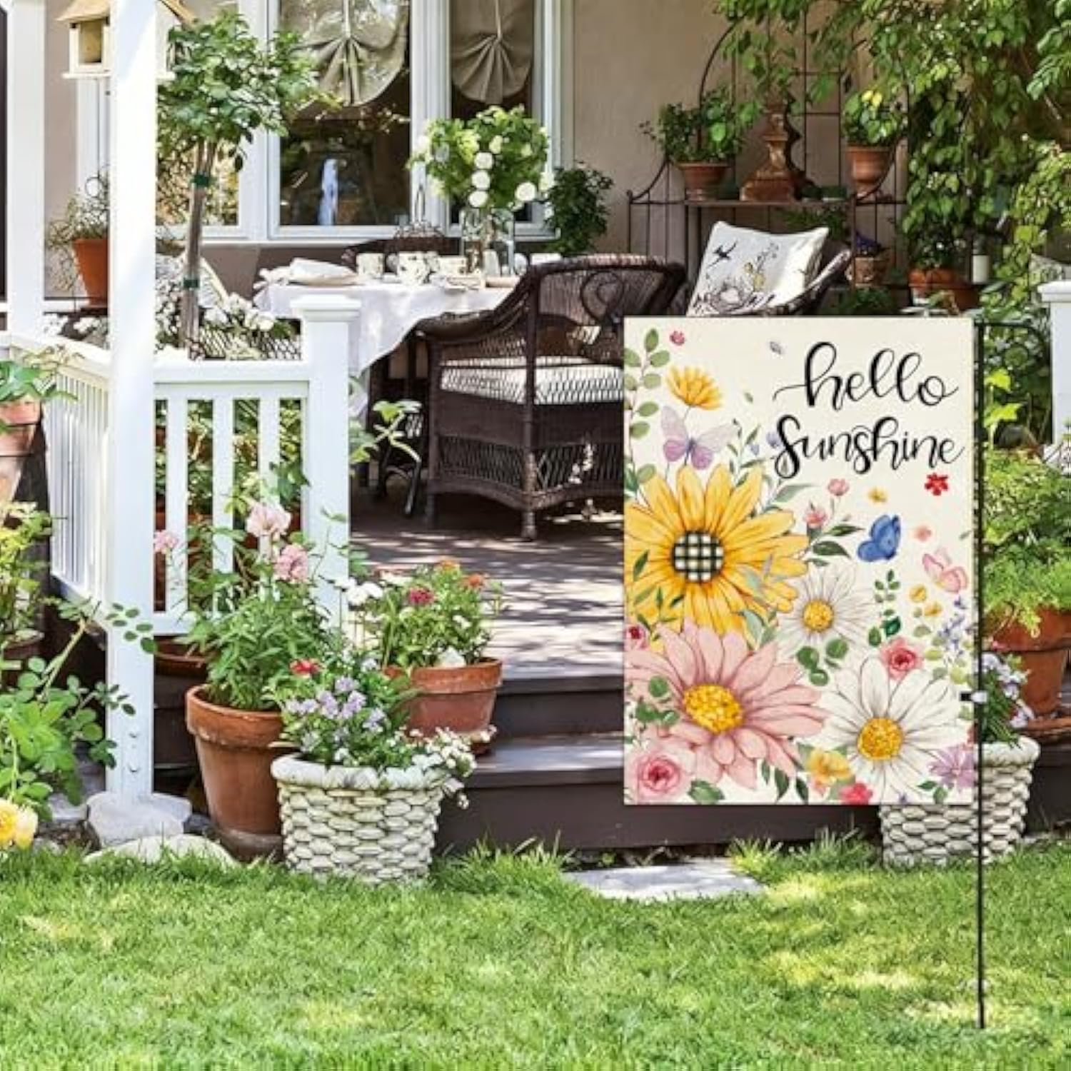 Spring Summer Garden Flag Double Sided 12.5 X 18 Inch Burlap With Clip And Stopper,Hello Sunshine Sunflowers Daisy Flag Seasonal Farmhouse Yard Lawn Outside Outdoor Decoration