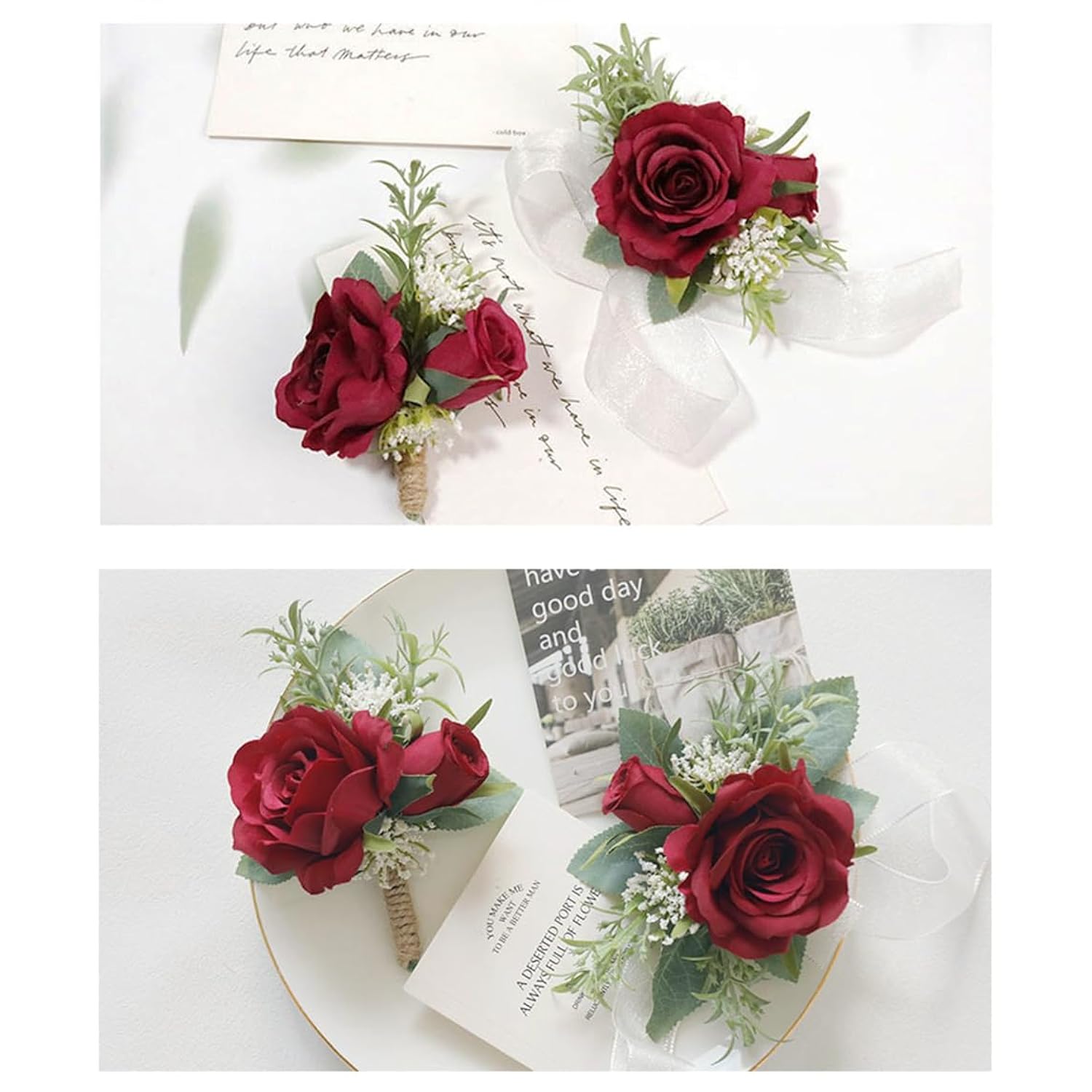 Wrist Corsage And Boutonniere Set Artificial Rose Flowers Accessories For Groom Bride Groomsmen Bridesmaids Wedding Party Prom Suit - Burgundy 2 Pieces