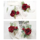 Wrist Corsage And Boutonniere Set Artificial Rose Flowers Accessories For Groom Bride Groomsmen Bridesmaids Wedding Party Prom Suit - Burgundy 2 Pieces