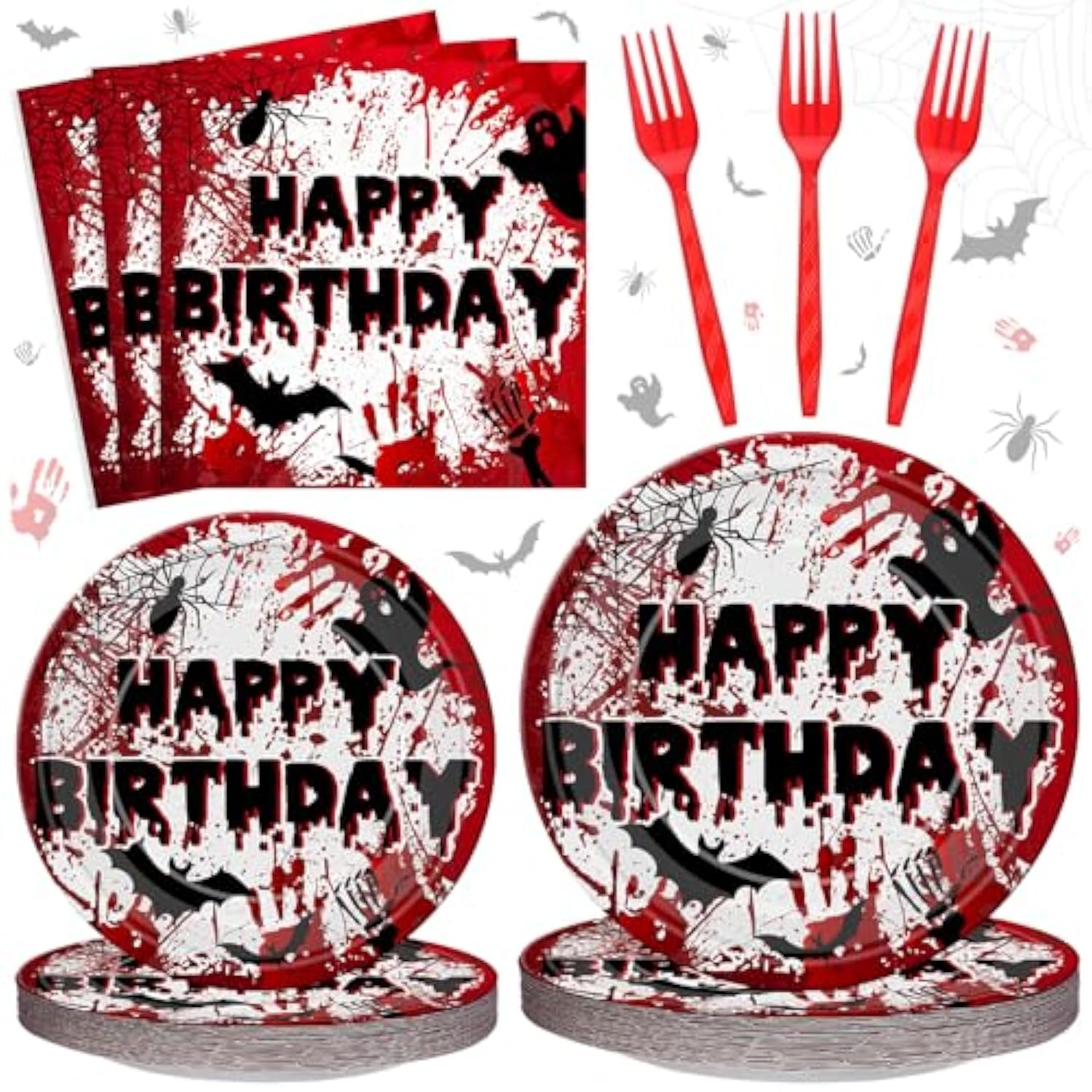 96Pcs Halloween Birthday Party Supplies Scary Tableware Set Plates Napkins Forks for 24 Guests