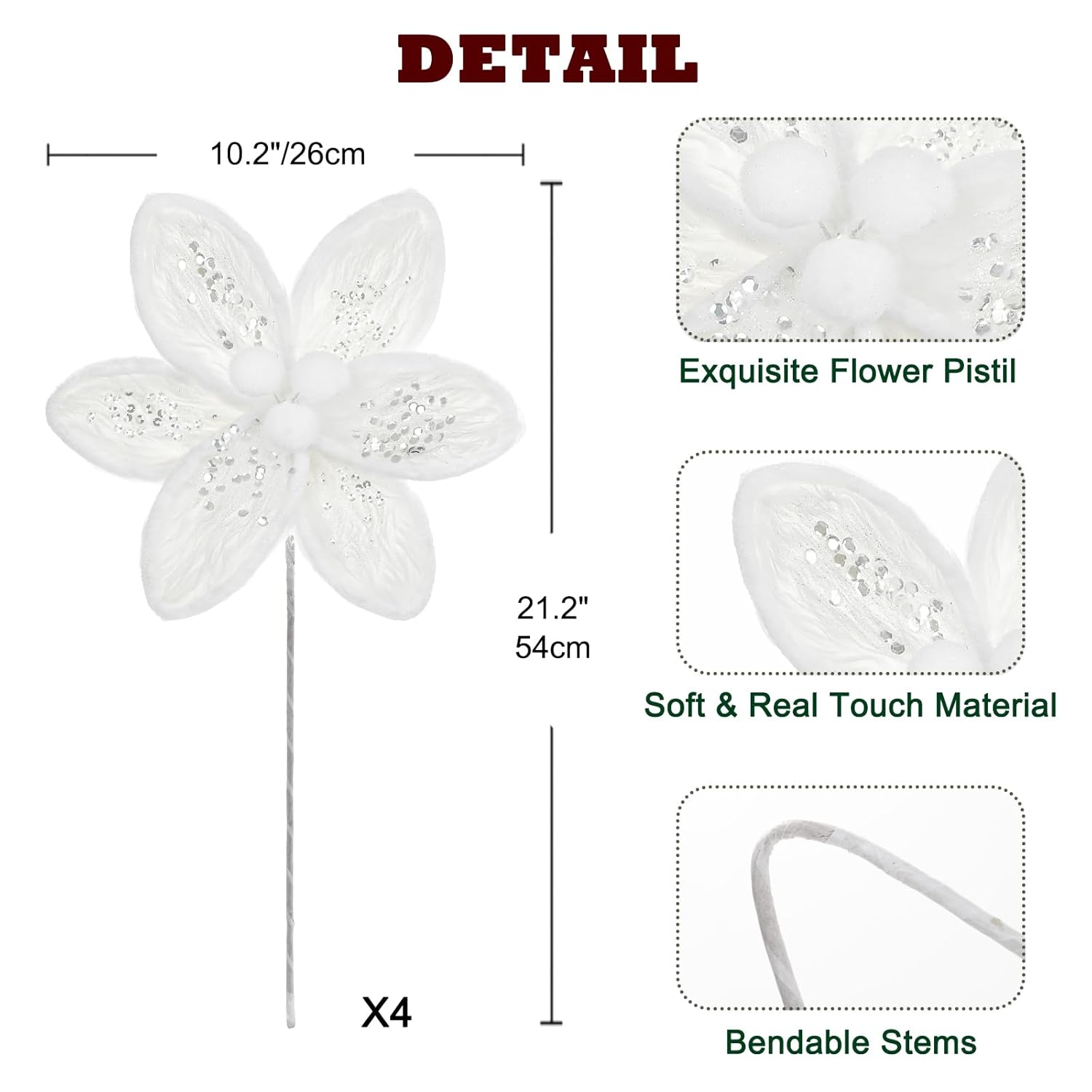 4Pcs White Faux Fur Poinsettia Artificial Flowers - 21.2" Long Stem Plush Poinsettias Christmas Tree Flowers With Glittering Sequins For Xmas Topper Wreath Garland Home Holiday Ornament Decor