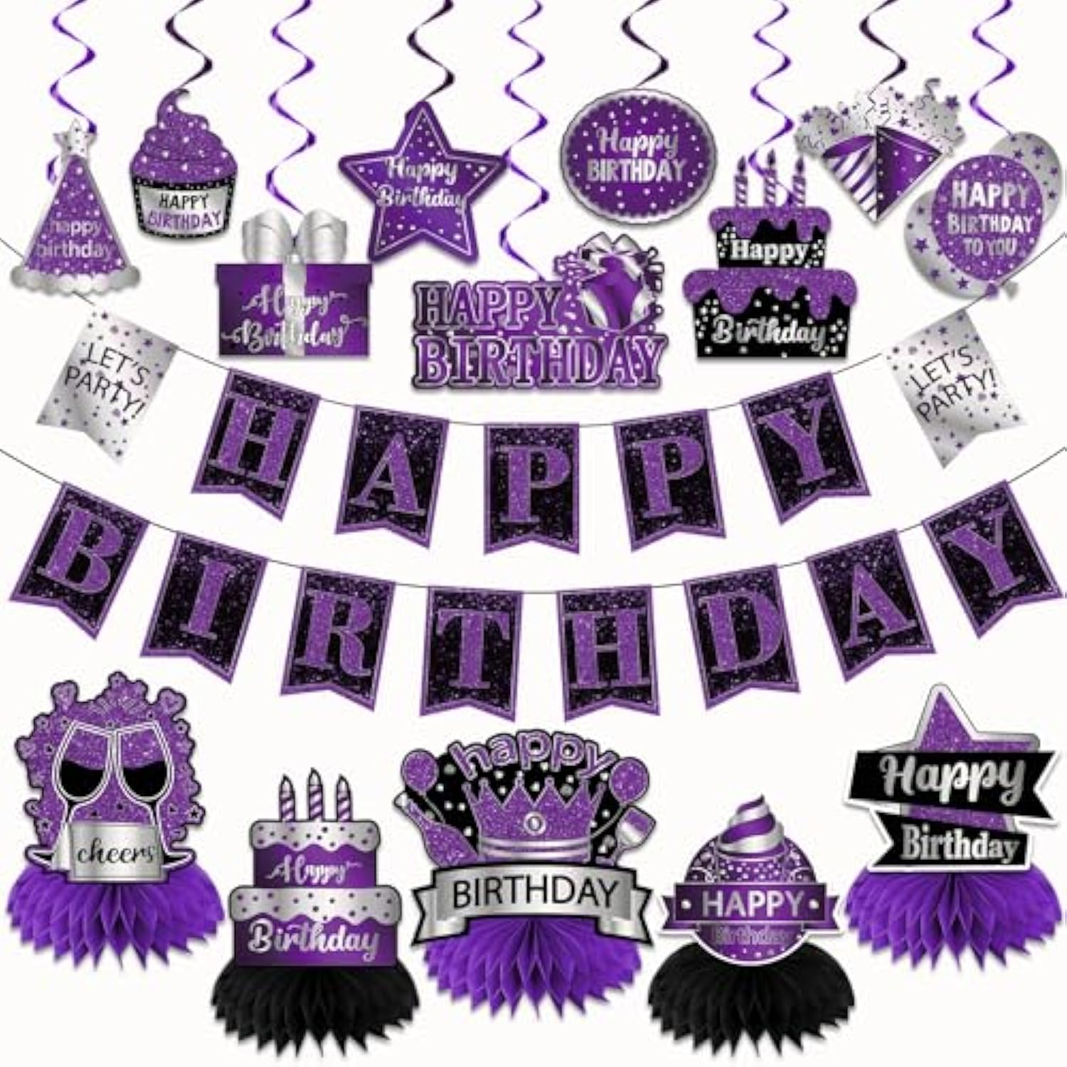 Purple Birthday Decorations for Women, Banner, Swirls & Honeycomb Centerpieces