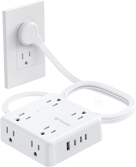 Surge Protector Power Strip 8 Outlets 4 USB Ports 3 USB C 5FT Flat Extension Cord 1440J White