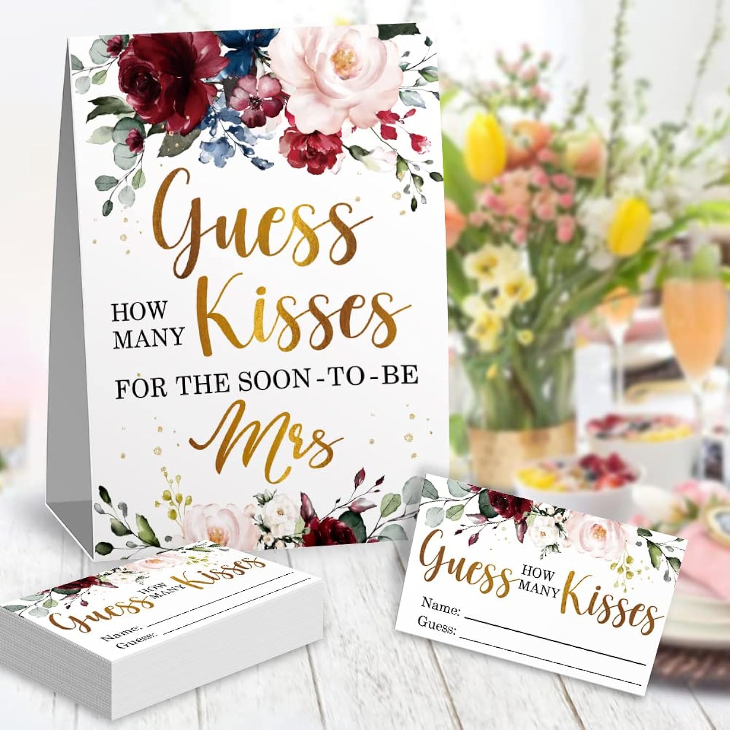 Guess How Many Kisses In The Jar Bridal Shower Game, Bridal Shower Game, Wedding Shower Games, Bachelorette Party Night, Floral Party Game Cards, Bridal Party Decorations -1 Sign & 50 Cards Set