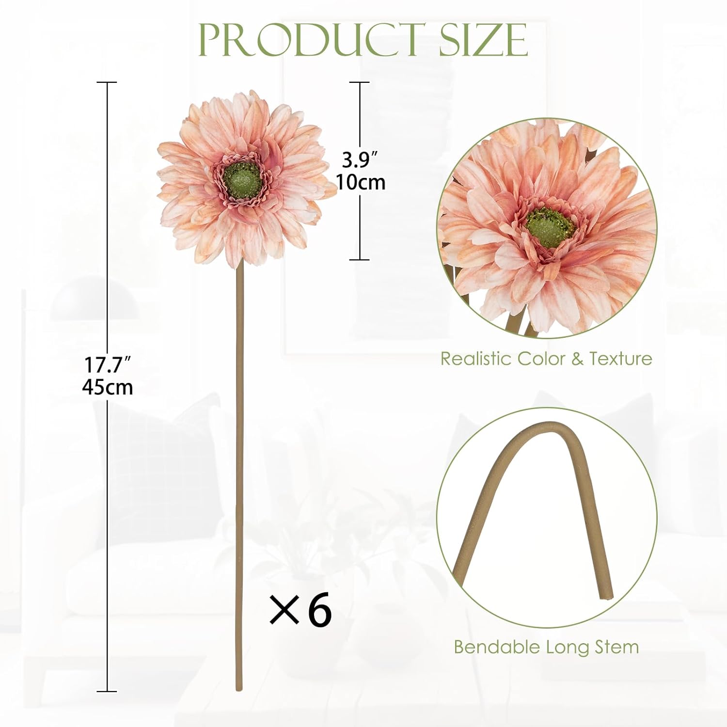 Realistic Fake Flowers Bulk – 6Pcs Gerbera Daisy Artificial Flowers Bouquet, Spring Summer Faux Flowers Indoor For Vase Filler, Wedding Centerpieces, Home & Outdoor Decor, Pink