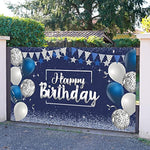 Happy Birthday Decorations Backdrop Banner, Glitter Birthday Backdrop Sign Poster Party Supplies Photo Background For Men Women, 72.8 X 43.3 Inch(Silver And Navy Blue)