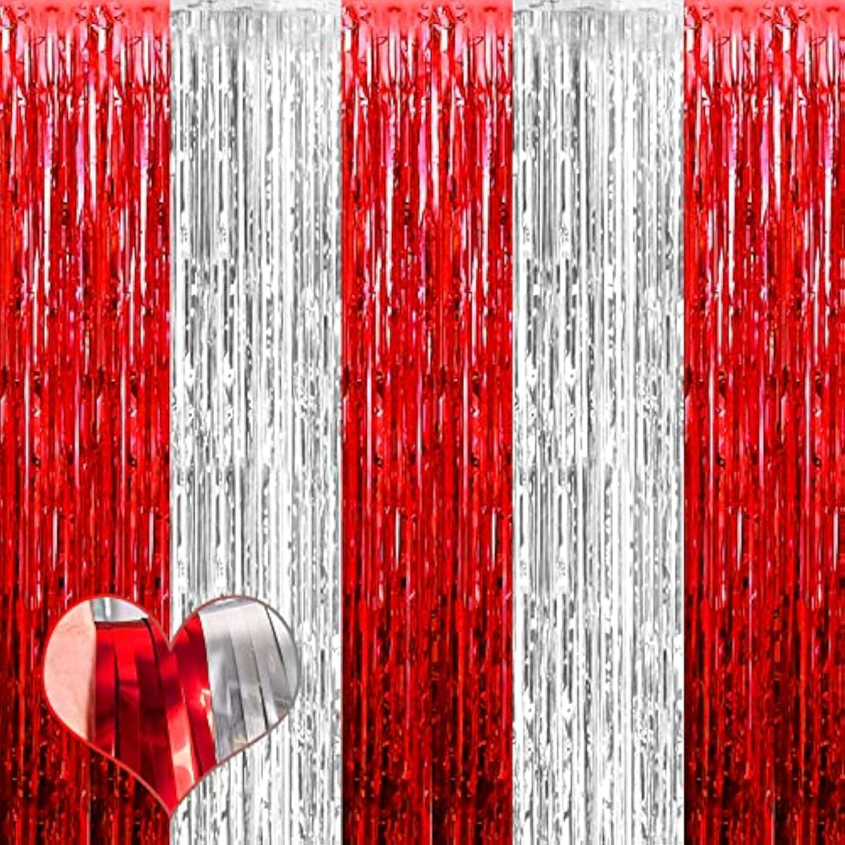 4 Pack 3.2Ft X 8.2Ft Red And Silver Fringe Curtain Backdrop, Metallic Tinsel Foil Fringe Streamers Curtains Background For Photo Booth Wedding Circus Welcome Carnival Birthday Party Decorations